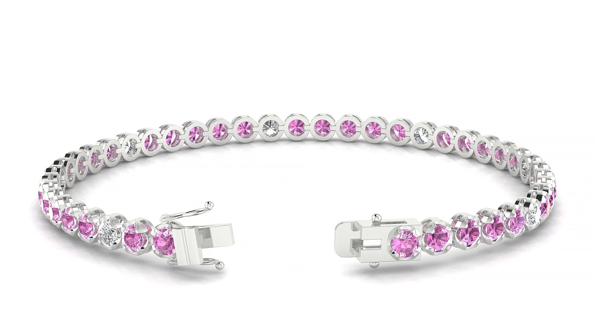 Bengal 5-1 | 18k White Gold 3 mm Round Natural Pink Sapphire & Diamond Tennis Bracelet