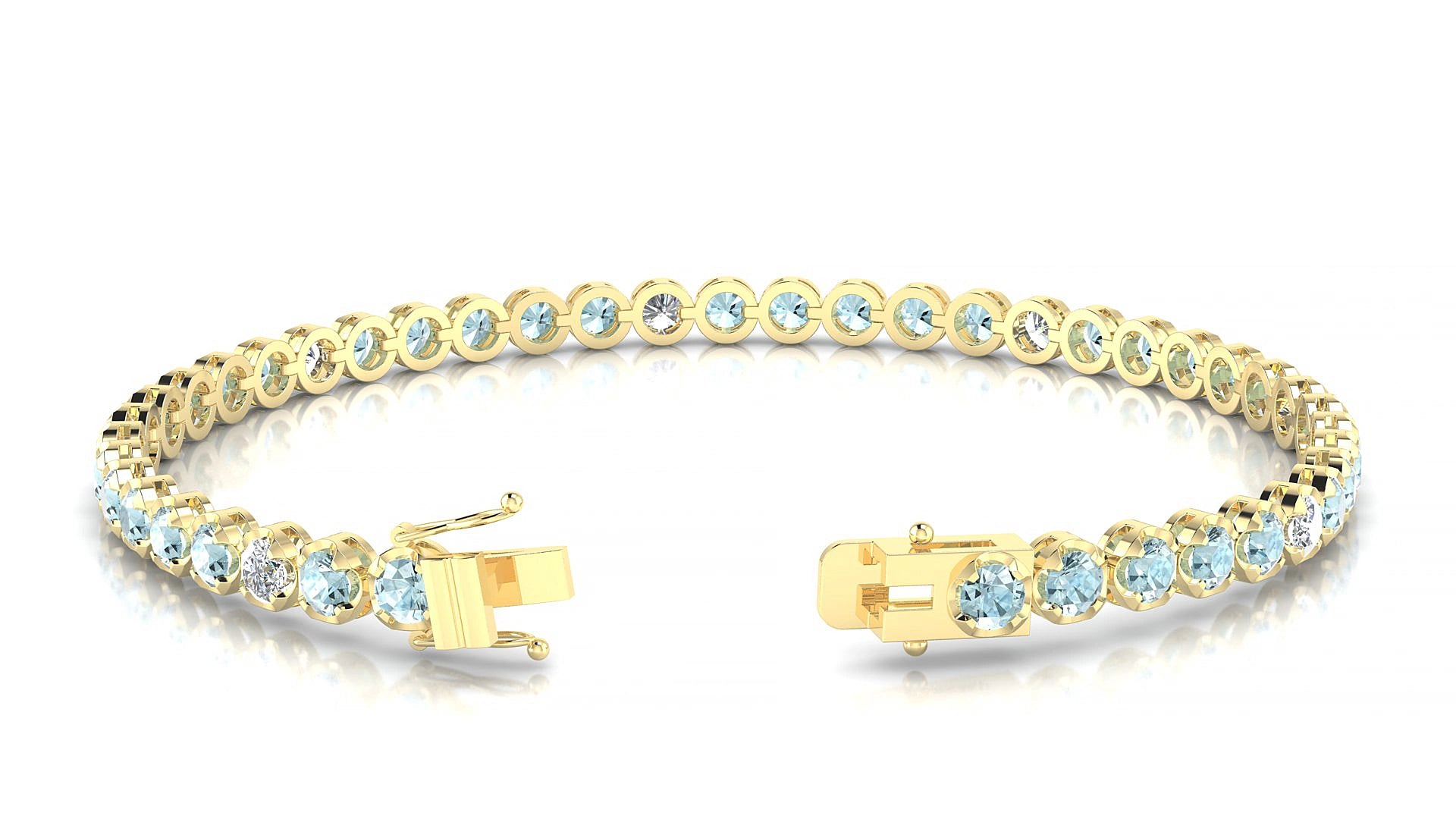 Bengal 5-1 | 18k Yellow Gold 3 mm Round Natural Aquamarine & Diamond 15 cm Tennis Bracelet