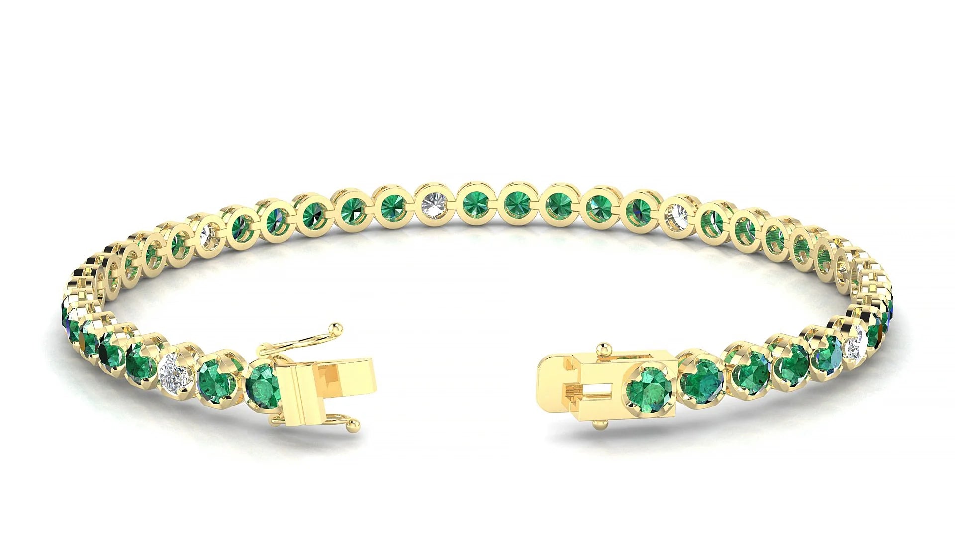 Bengal 5-1 | 18k Yellow Gold 3 mm Round Natural Emerald & Diamond Tennis Bracelet