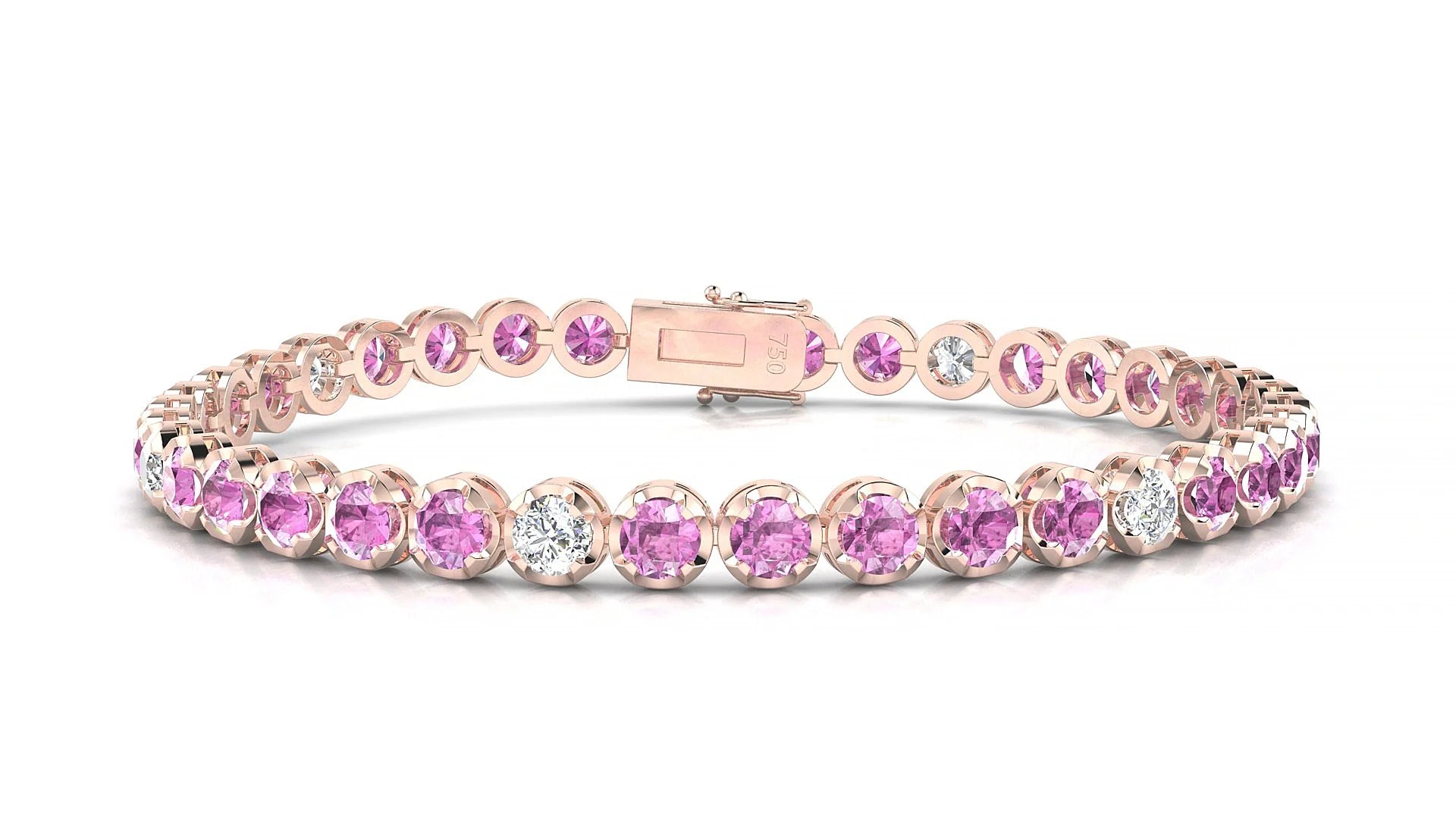 Bengal 5-1 | 18k Rose Gold 3.4 mm Round Natural Pink Sapphire & Diamond Tennis Bracelet