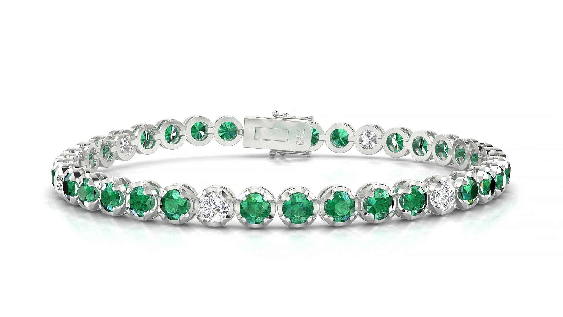Bengal 5-1 | 18k White Gold 3.4 mm Round Natural Emerald & Diamond 15 cm Tennis Bracelet
