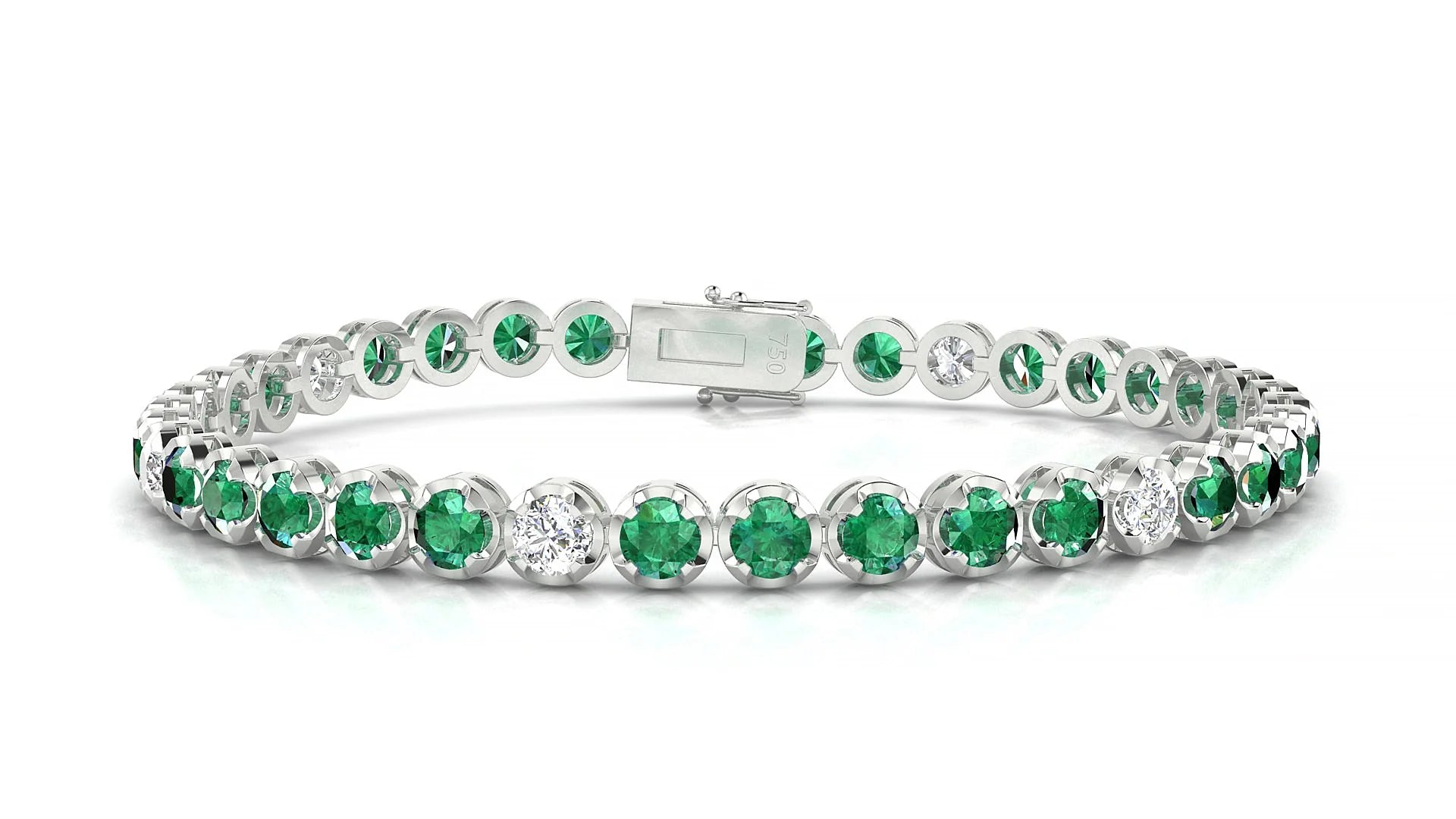 Bengal 5-1 | 18k White Gold 3.4 mm Round Natural Emerald & Diamond Tennis Bracelet