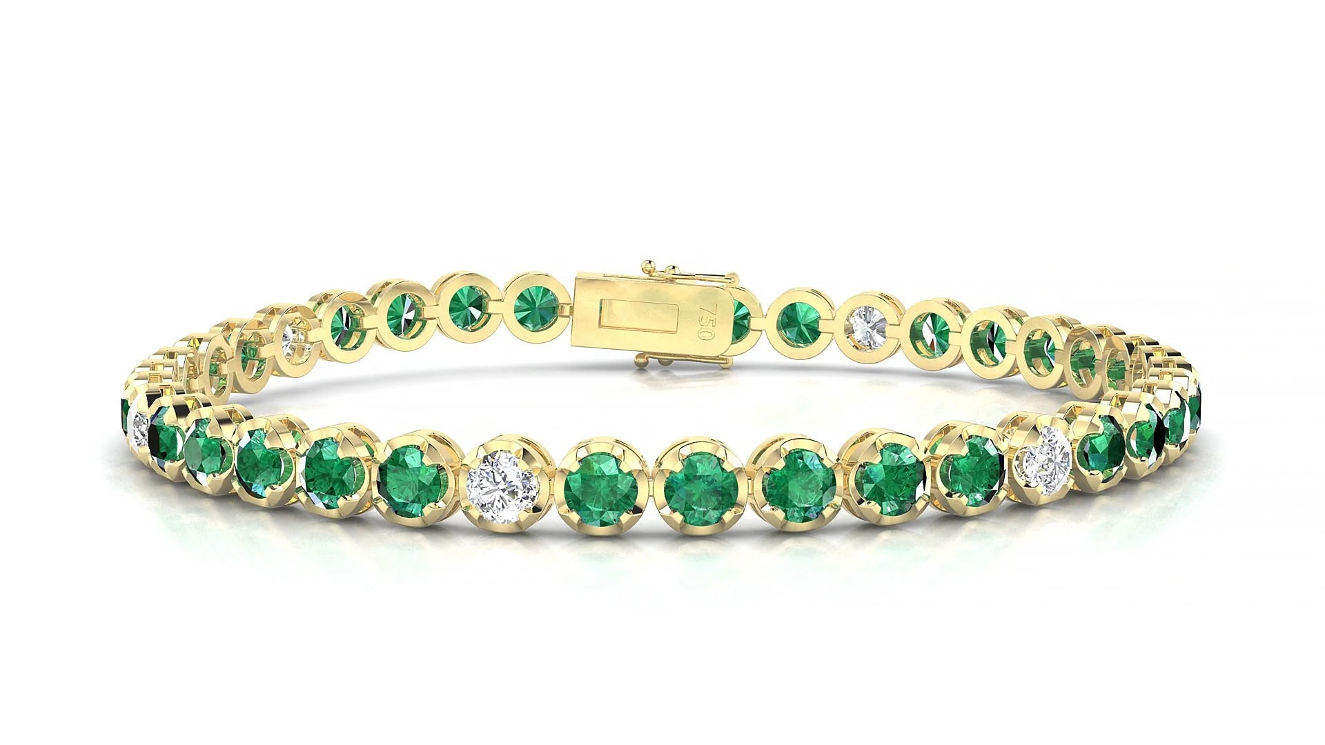 Bengal 5-1 | 18k Yellow Gold 3.4 mm Round Natural Emerald & Diamond Tennis Bracelet