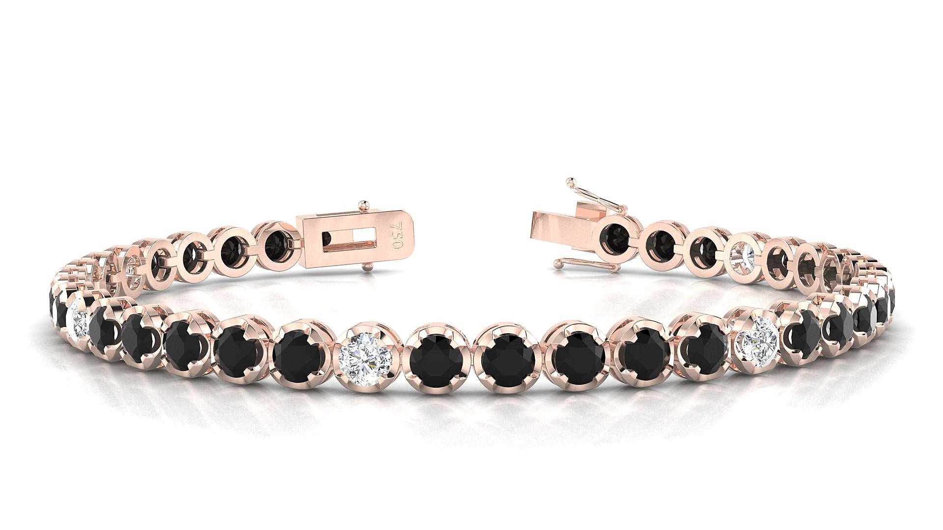 Bengal 5-1 | 18k Rose Gold 3.4 mm Round Natural Black Diamond & Diamond 15 cm Tennis Bracelet