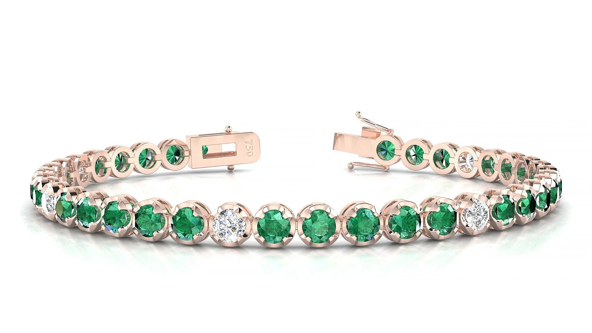 Bengal 5-1 | 18k Rose Gold 3.4 mm Round Natural Emerald & Diamond Tennis Bracelet