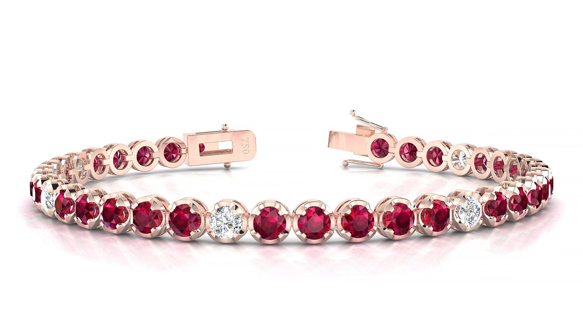 Bengal 5-1 | 18k Rose Gold 3.4 mm Round Natural Ruby & Diamond 15 cm Tennis Bracelet