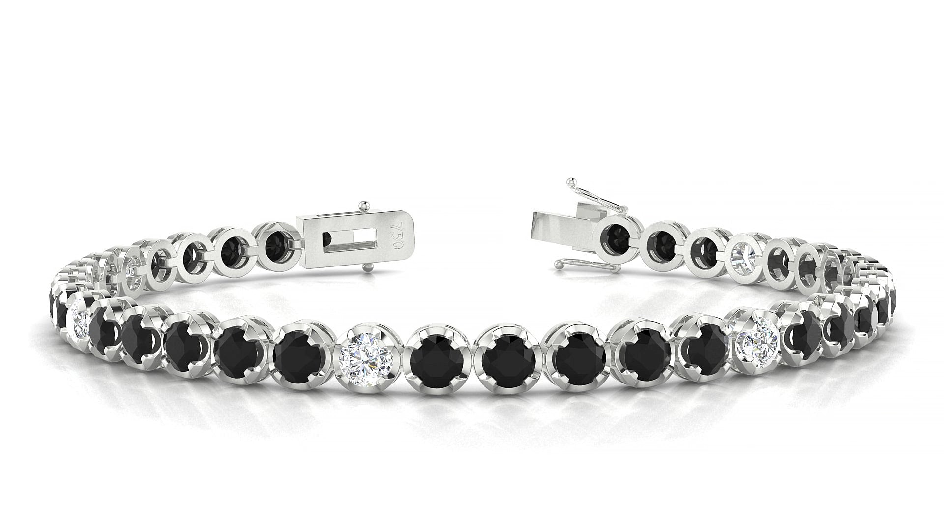 Bengal 5-1 | 18k White Gold 3.4 mm Round Natural Black Diamond & Diamond 15 cm Tennis Bracelet