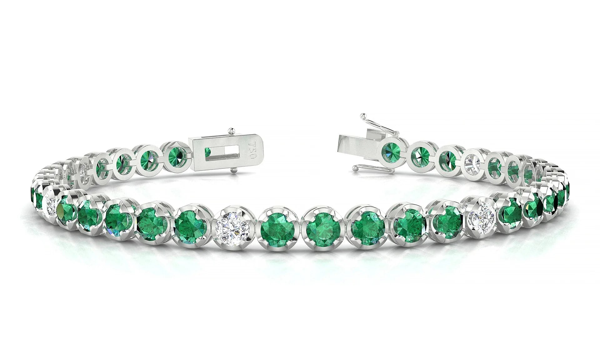 Bengal 5-1 | 18k White Gold 3.4 mm Round Natural Emerald & Diamond Tennis Bracelet