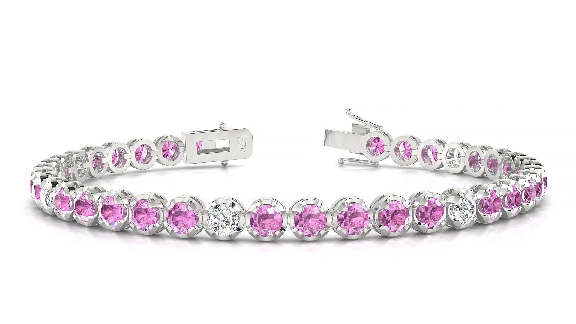Bengal 5-1 | 18k White Gold 3.4 mm Round Natural Pink Sapphire & Diamond Tennis Bracelet