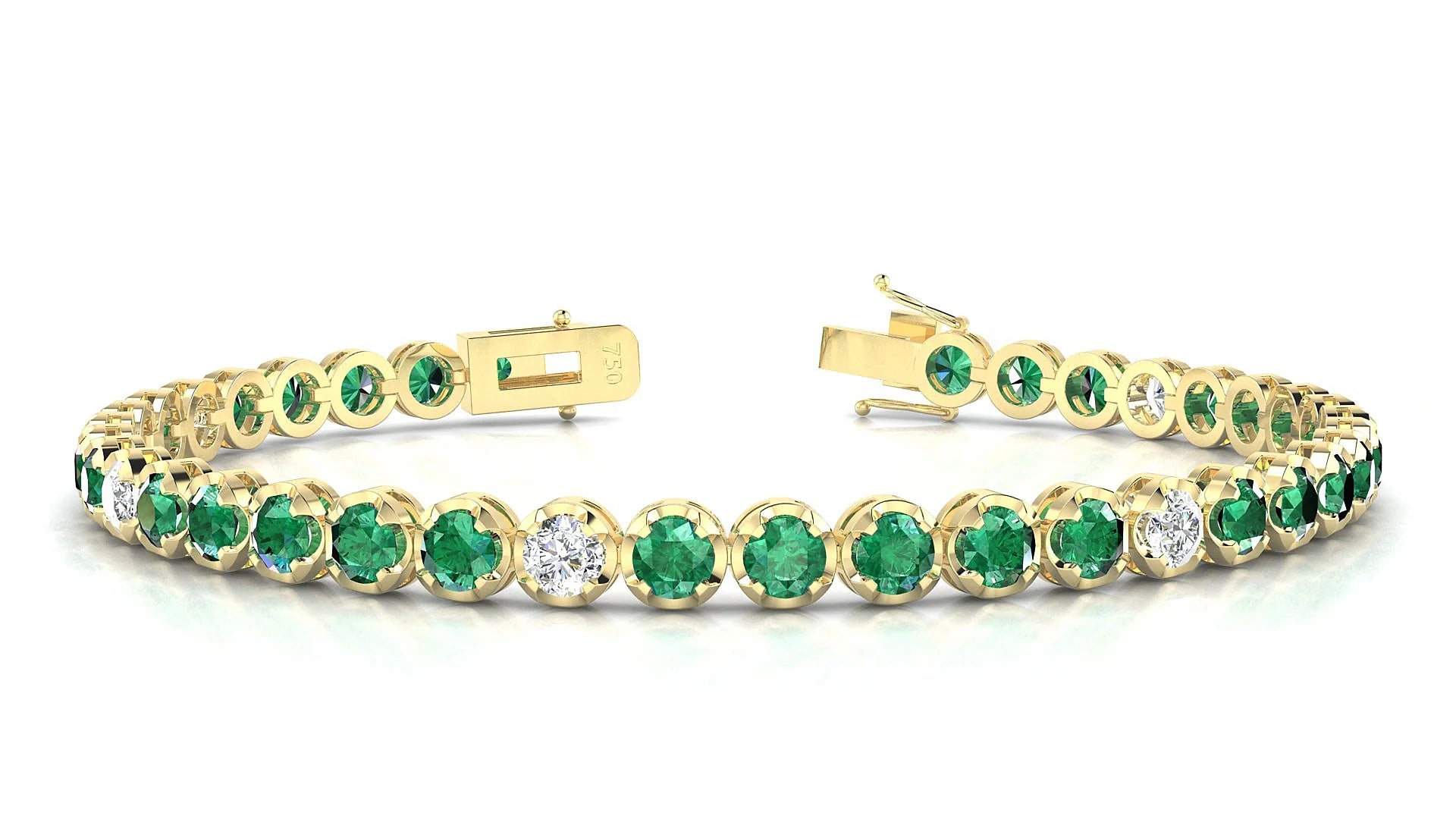 Bengal 5-1 | 18k Yellow Gold 3.4 mm Round Natural Emerald & Diamond Tennis Bracelet