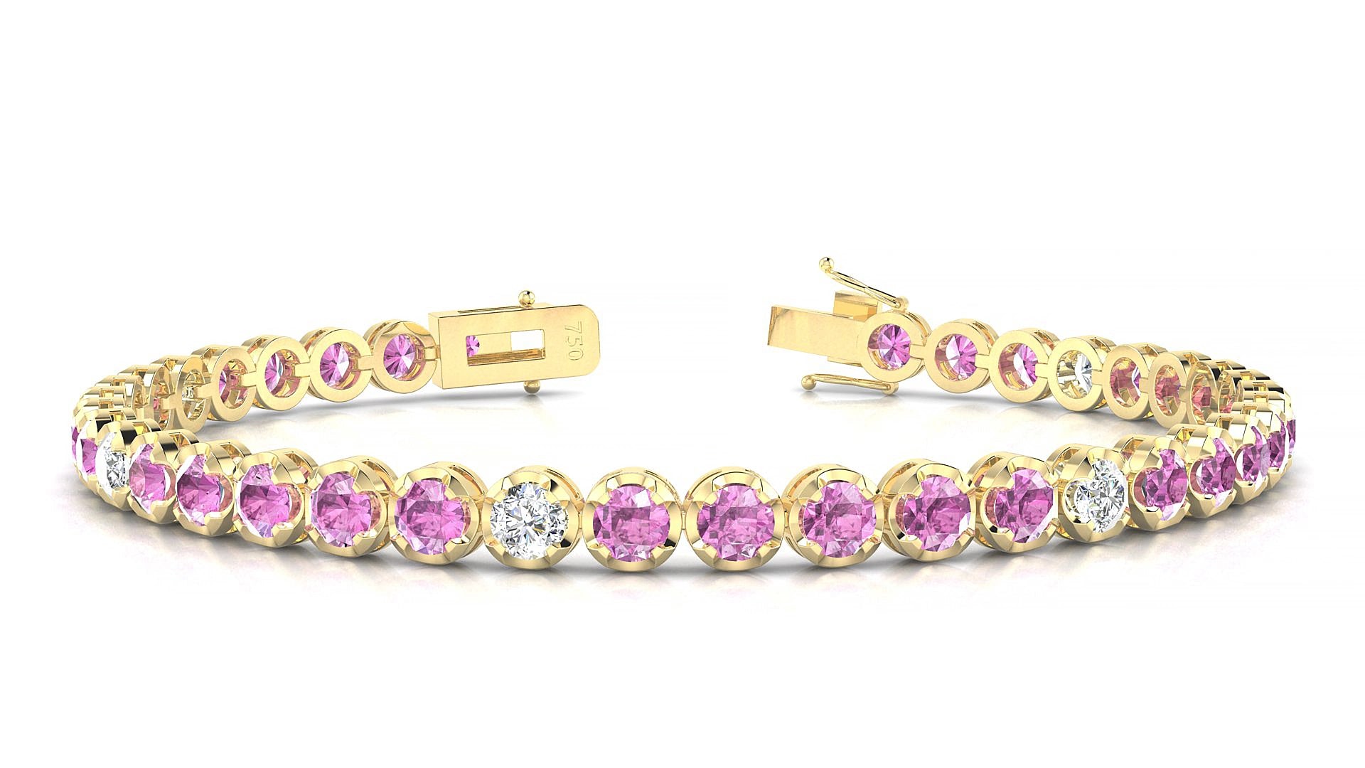 Bengal 5-1 | 18k Yellow Gold 3.4 mm Round Natural Pink Sapphire & Diamond 18 cm Tennis Bracelet