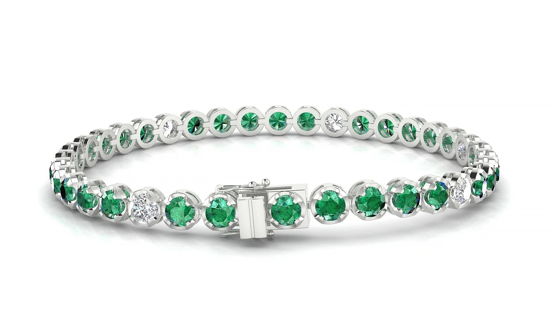 Bengal 5-1 | 18k White Gold 3.4 mm Round Natural Emerald & Diamond Tennis Bracelet