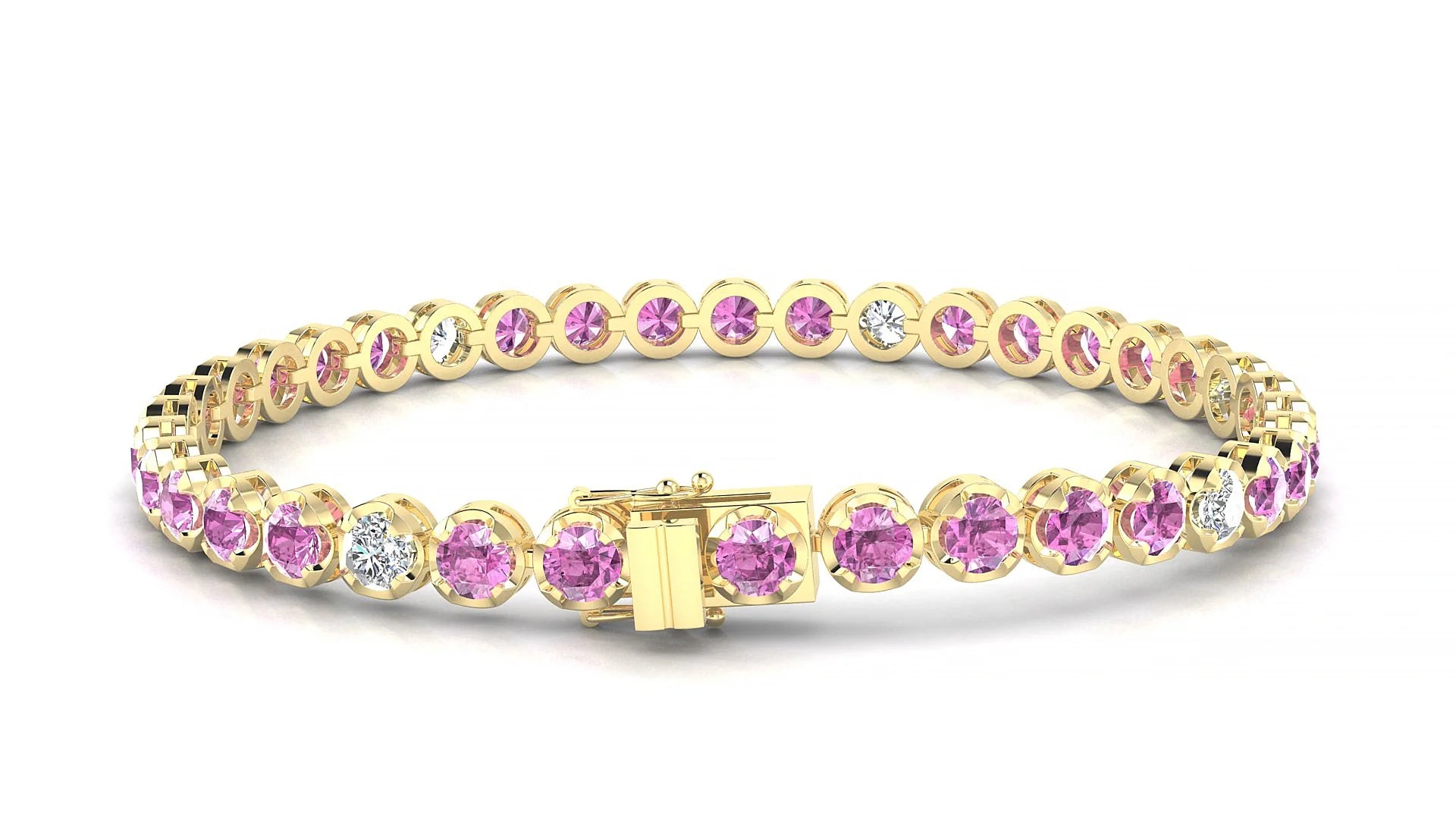 Bengal 5-1 | 18k Yellow Gold 3.4 mm Round Natural Pink Sapphire & Diamond Tennis Bracelet