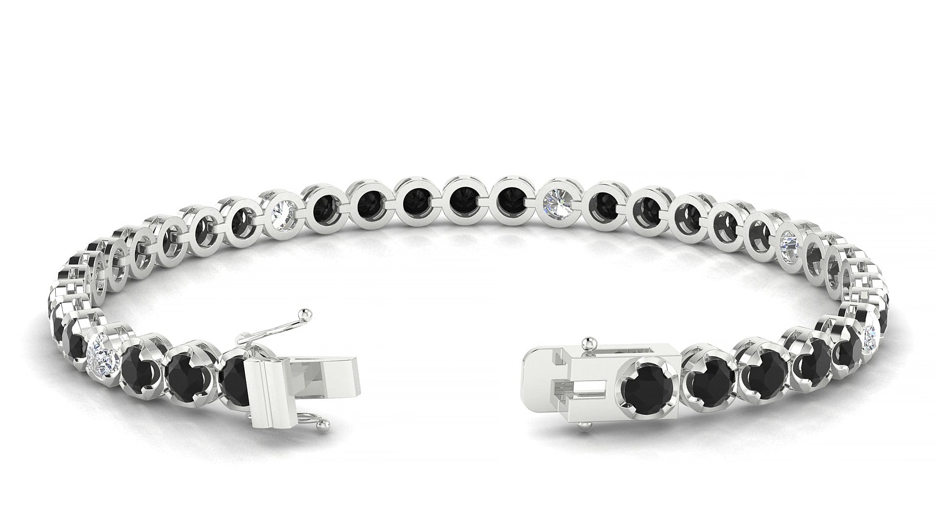 Bengal 5-1 | 18k White Gold 3.4 mm Round Natural Black Diamond & Diamond 15 cm Tennis Bracelet