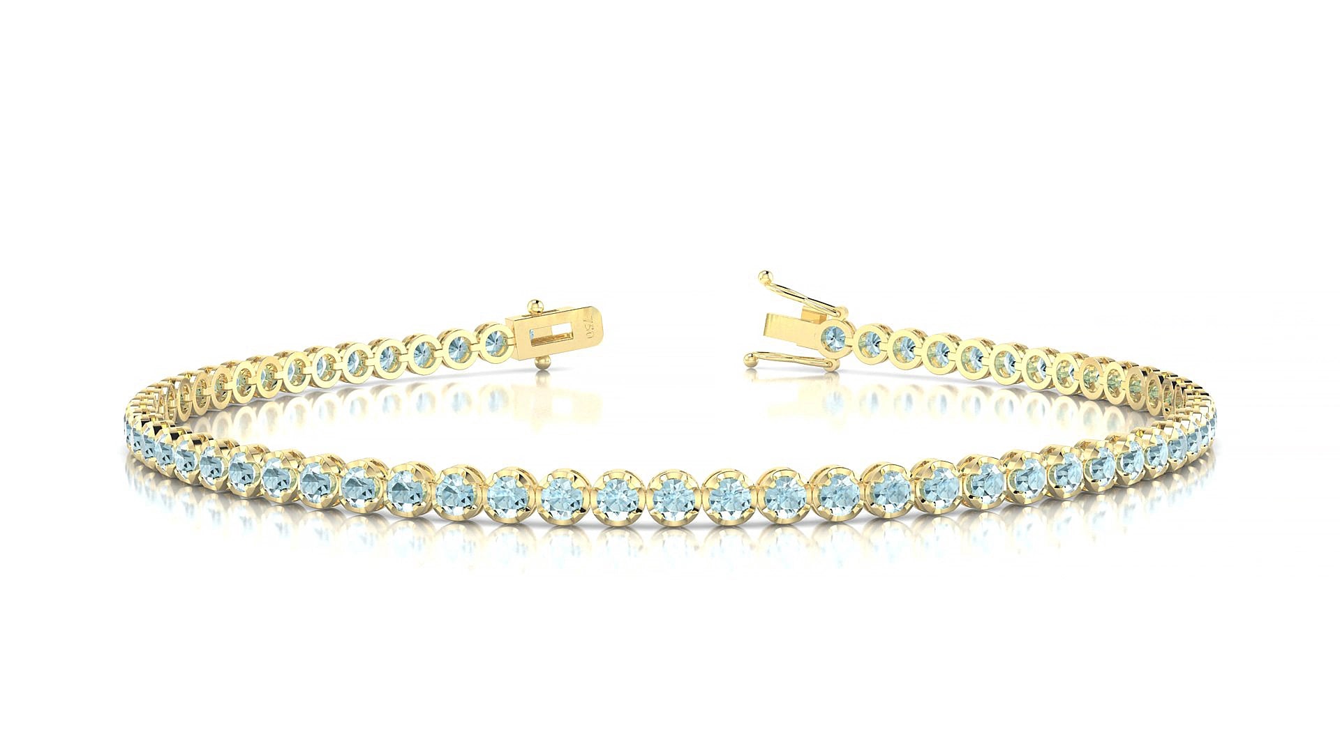 Bengal | 18k Yellow Gold 2 mm Round Natural Aquamarine 15 cm Tennis Bracelet