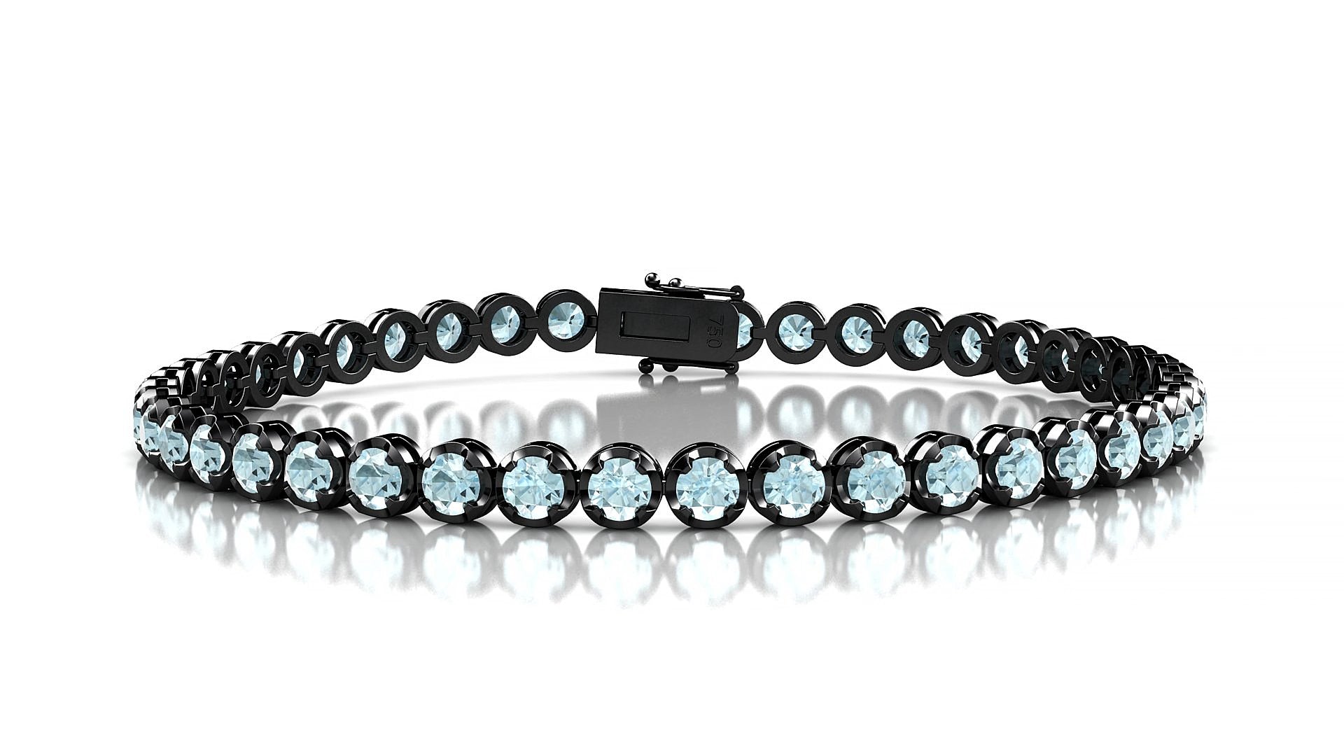 Bengal | 18k Black Gold 3 mm Round Natural Aquamarine 15 cm Tennis Bracelet