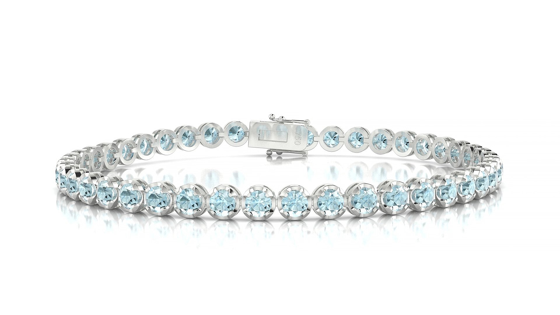 Bengal | 18k White Gold 3 mm Round Natural Aquamarine 15 cm Tennis Bracelet