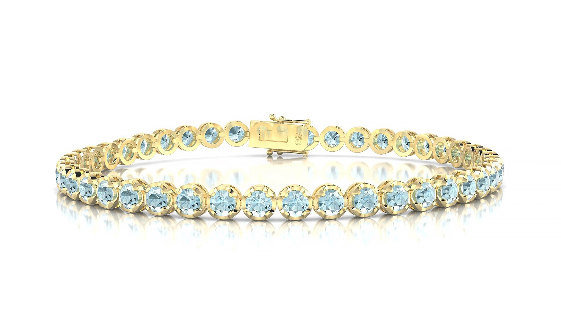 Bengal | 18k Yellow Gold 3 mm Round Natural Aquamarine 18 cm Tennis Bracelet