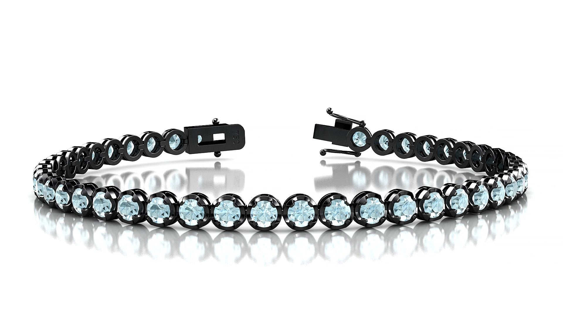 Bengal | 18k Black Gold 3 mm Round Natural Aquamarine 18 cm Tennis Bracelet