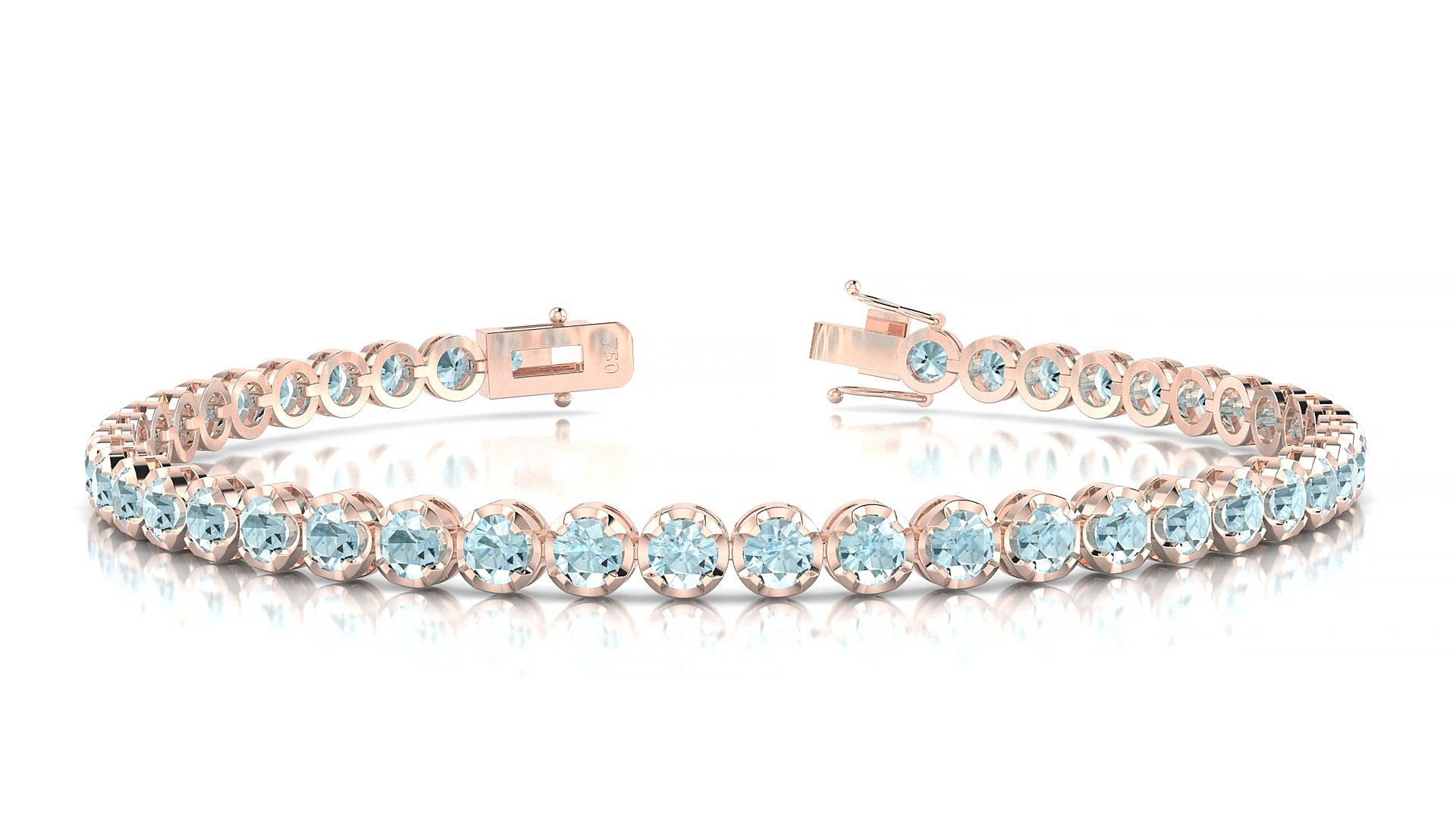 Bengal | 18k Rose Gold 3 mm Round Natural Aquamarine 18 cm Tennis Bracelet