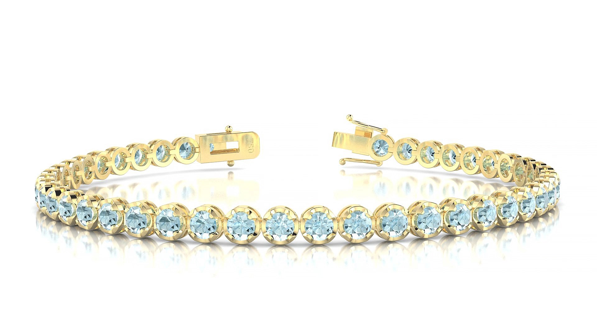 Bengal | 18k Yellow Gold 3 mm Round Natural Aquamarine 15 cm Tennis Bracelet