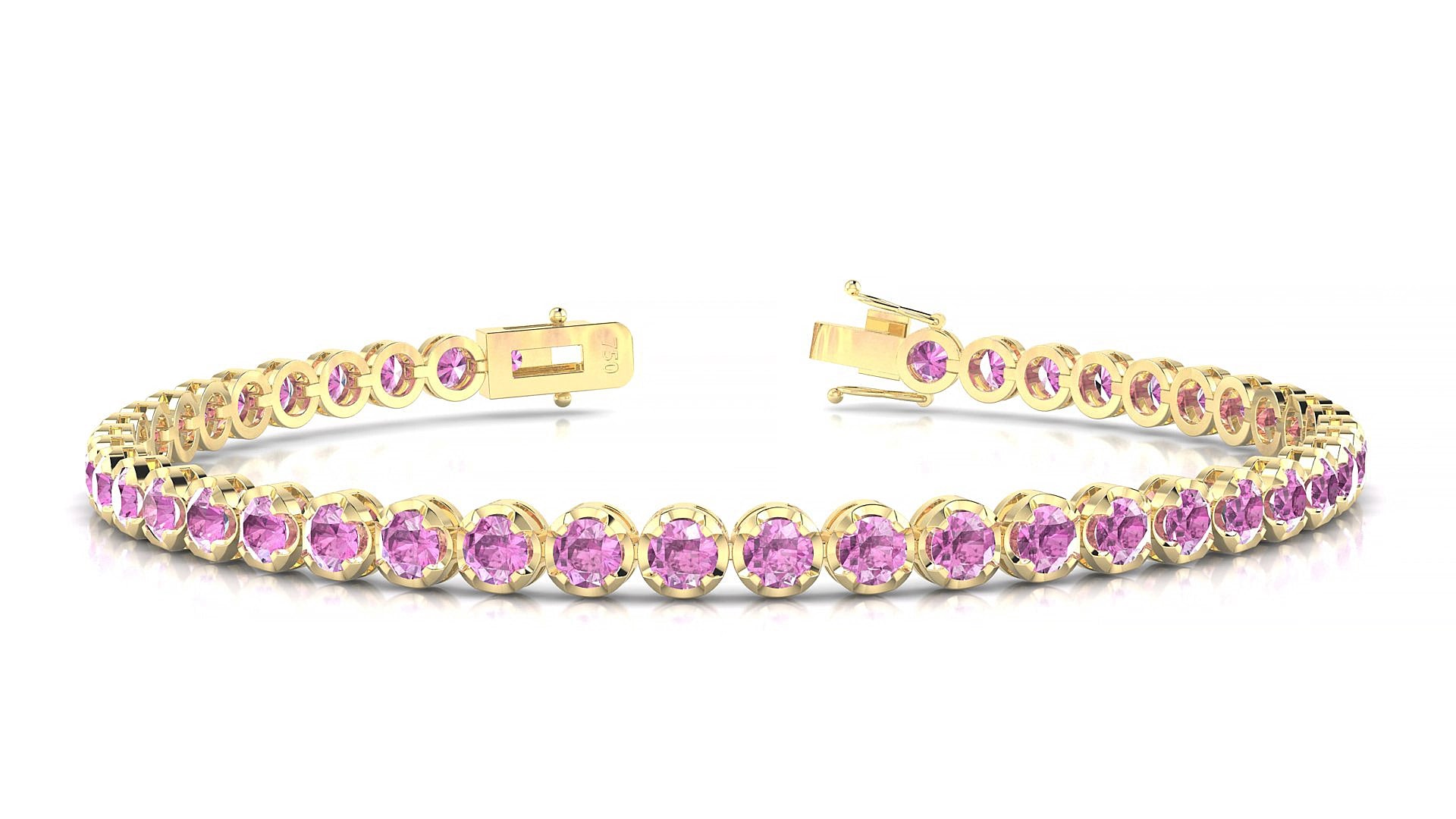 Bengal | 18k Yellow Gold 3 mm Round Natural Pink Sapphire 15 cm Tennis Bracelet