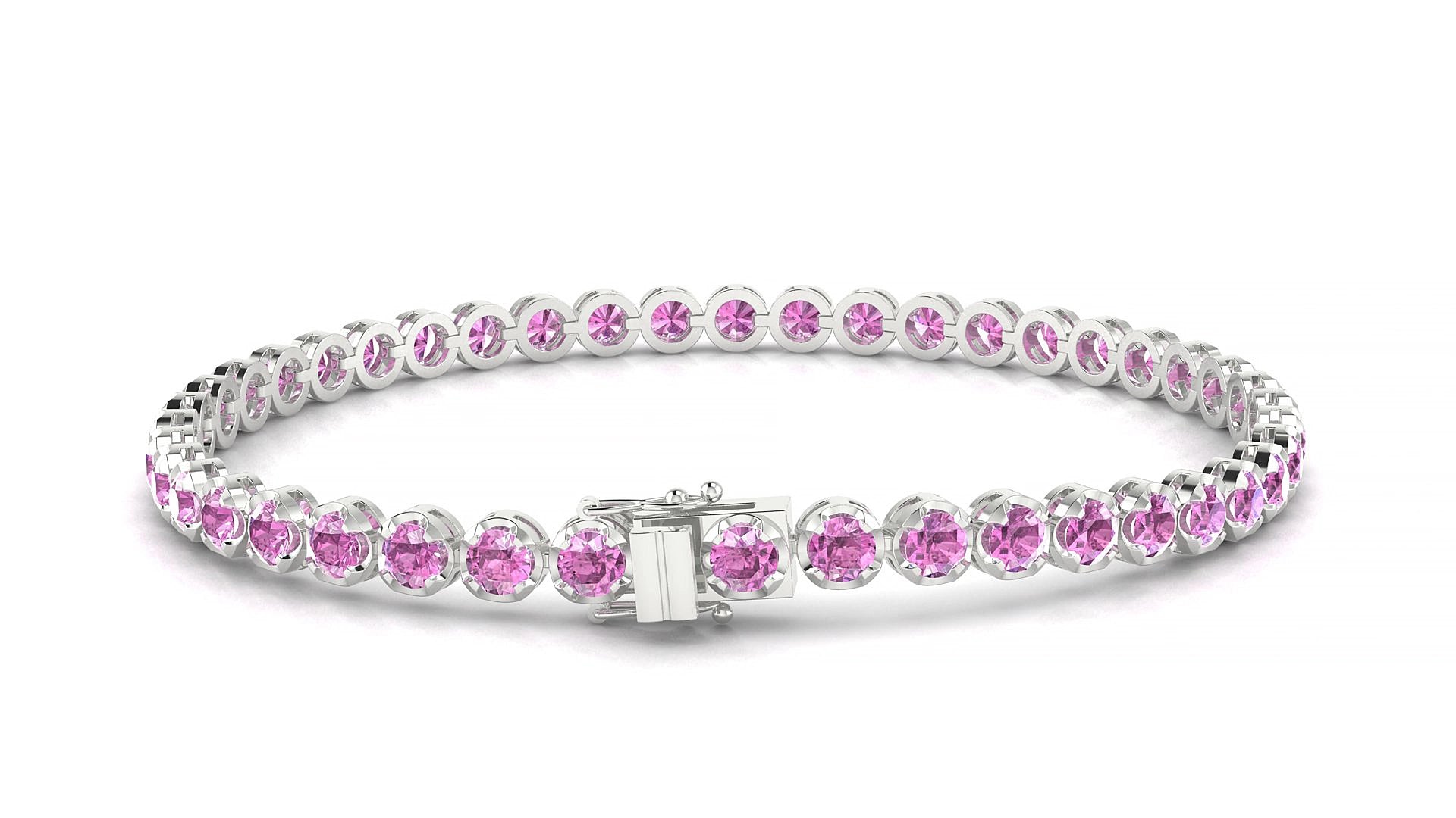 Bengal | 18k White Gold 3 mm Round Natural Pink Sapphire 15 cm Tennis Bracelet