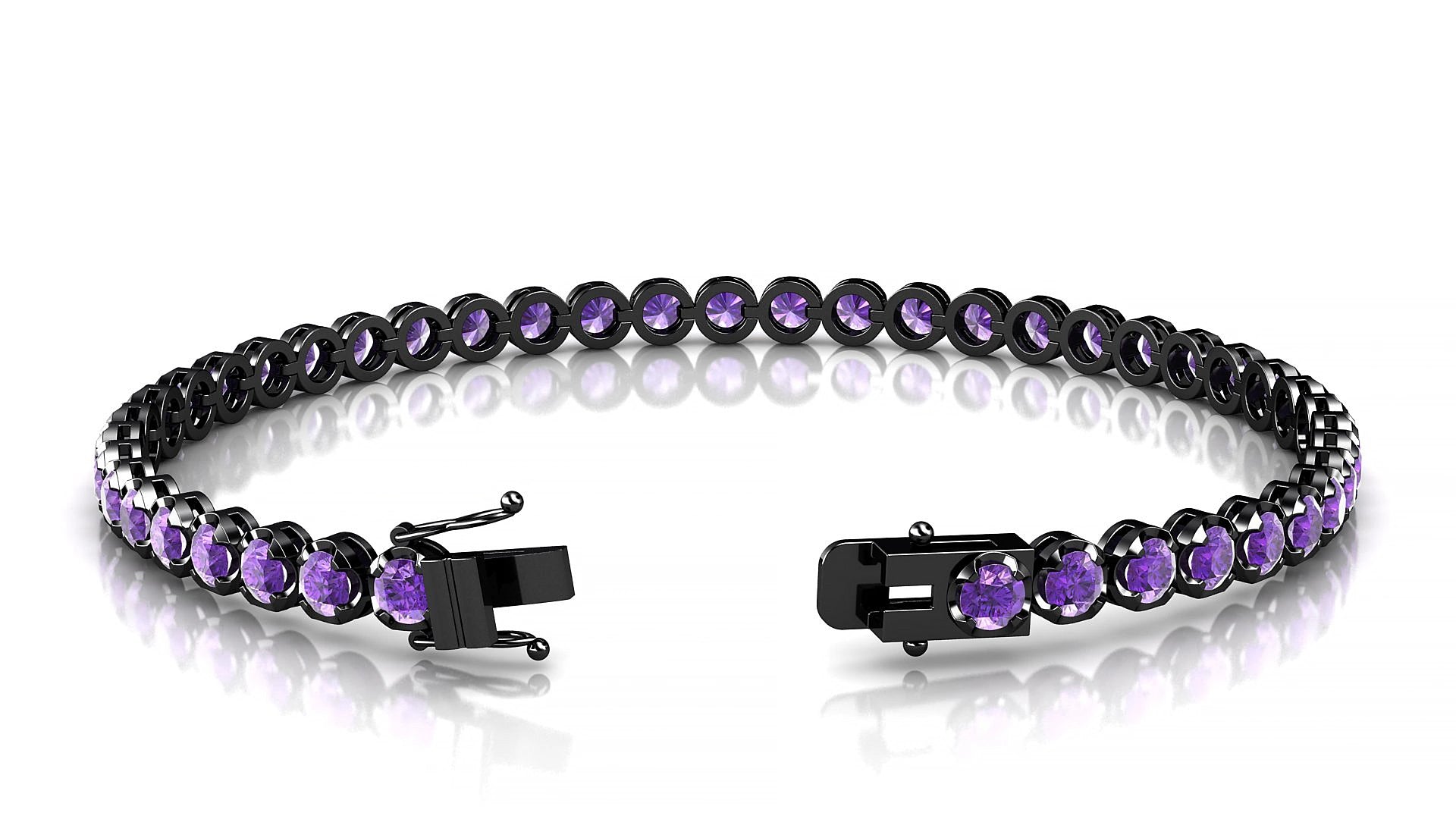 Bengal | 18k Black Gold 3 mm Round Natural Amethyst 16 cm Tennis Bracelet