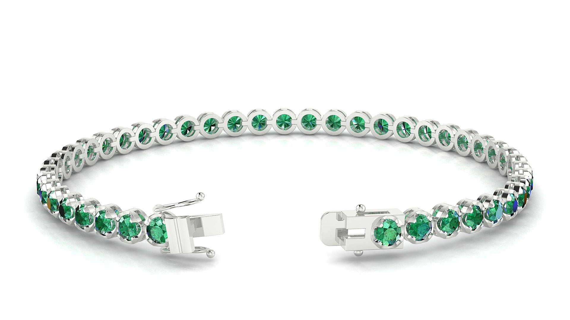 Bengal | 18k White Gold 3 mm Round Natural Emerald 16 cm Tennis Bracelet