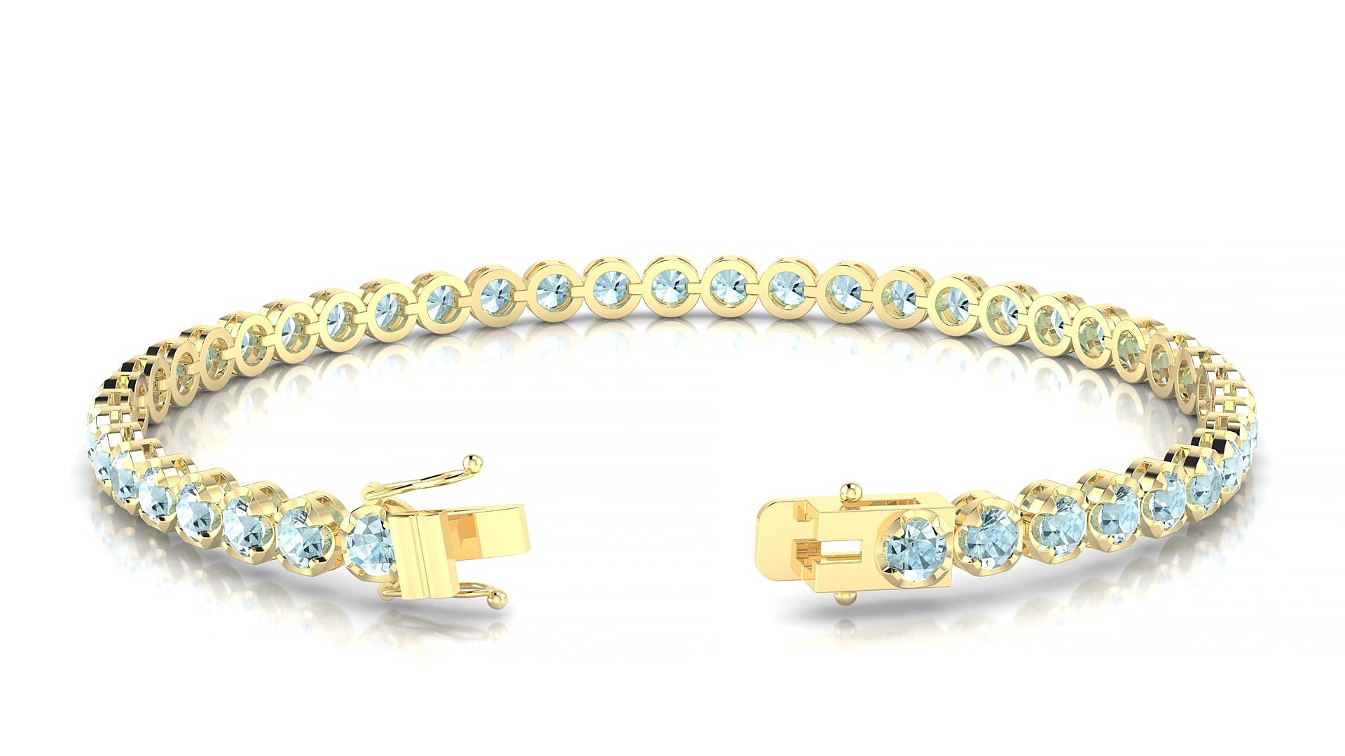 Bengal | 18k Yellow Gold 3 mm Round Natural Aquamarine 15 cm Tennis Bracelet