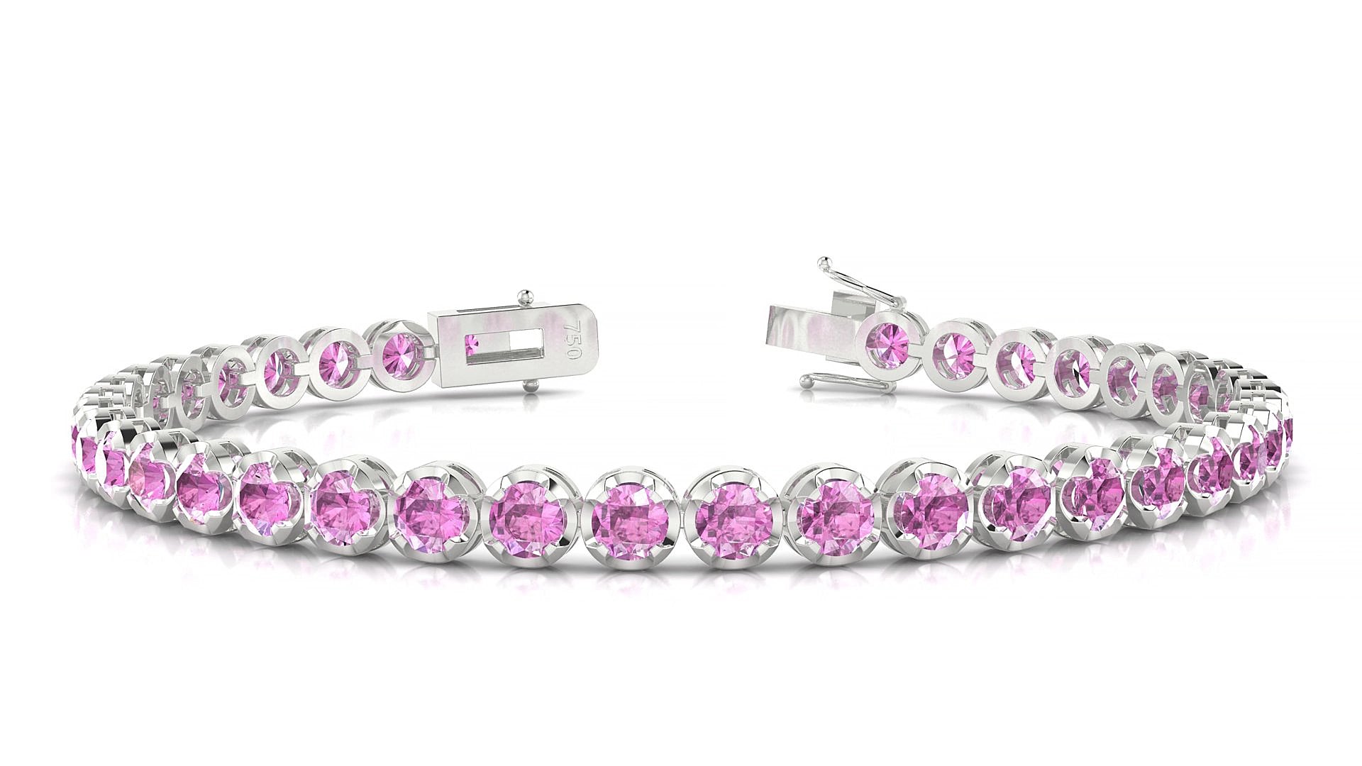 Bengal | 18k White Gold 3.4 mm Round Natural Pink Sapphire 15 cm Tennis Bracelet