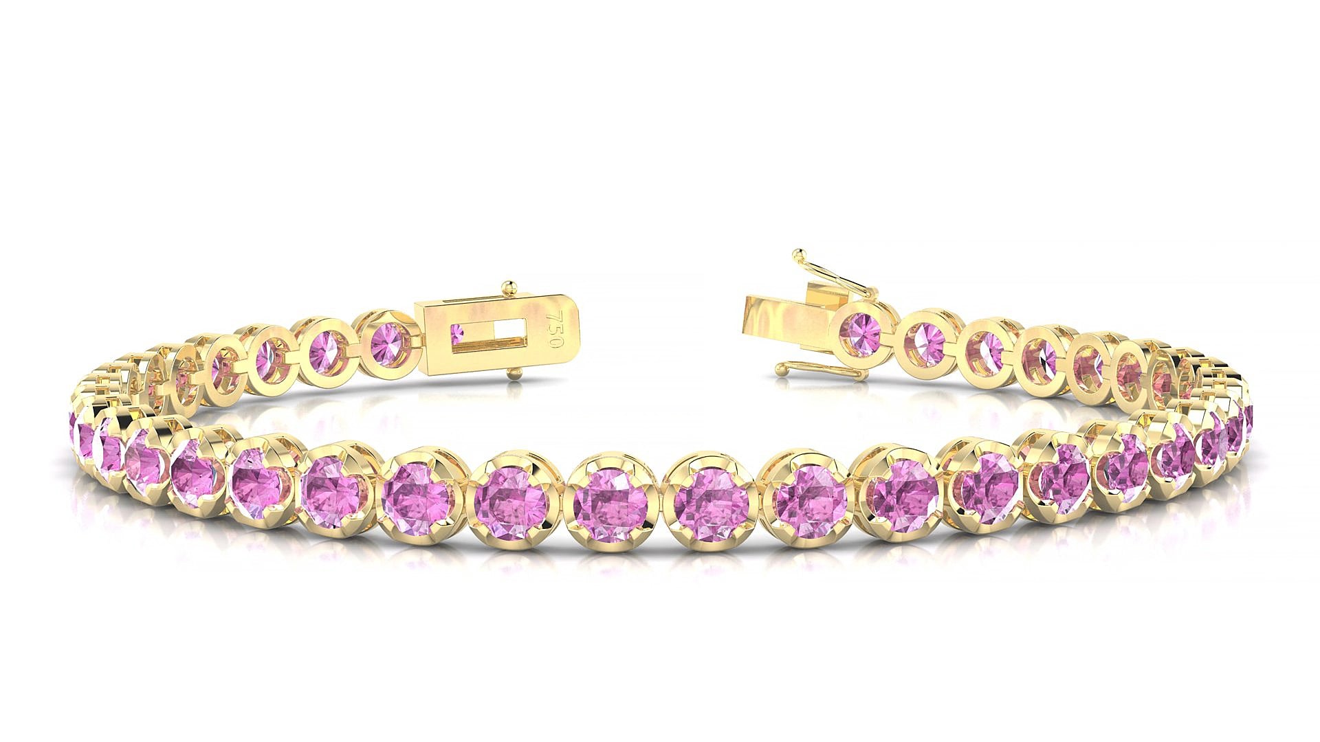 Bengal | 18k Yellow Gold 3.4 mm Round Natural Pink Sapphire 15 cm Tennis Bracelet