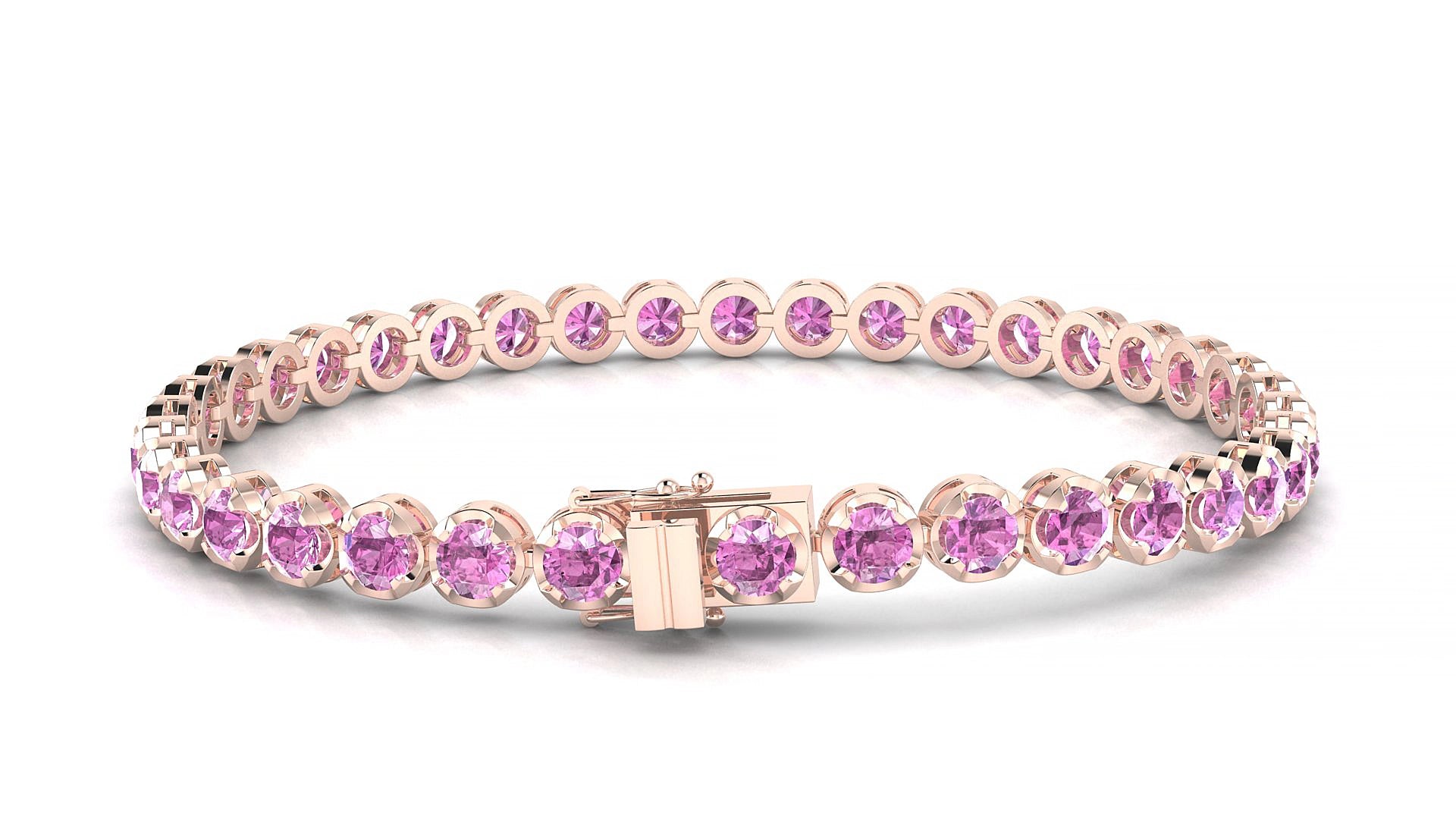 Bengal | 18k Rose Gold 3.4 mm Round Natural Pink Sapphire 15 cm Tennis Bracelet