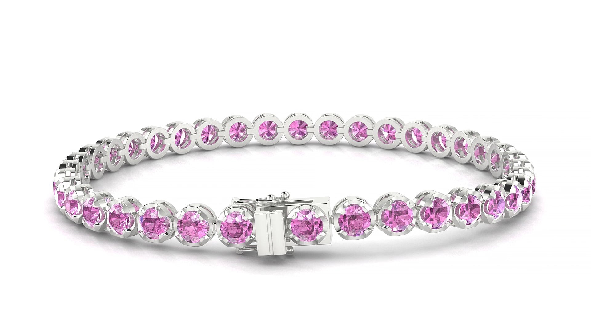 Bengal | 18k White Gold 3.4 mm Round Natural Pink Sapphire 15 cm Tennis Bracelet