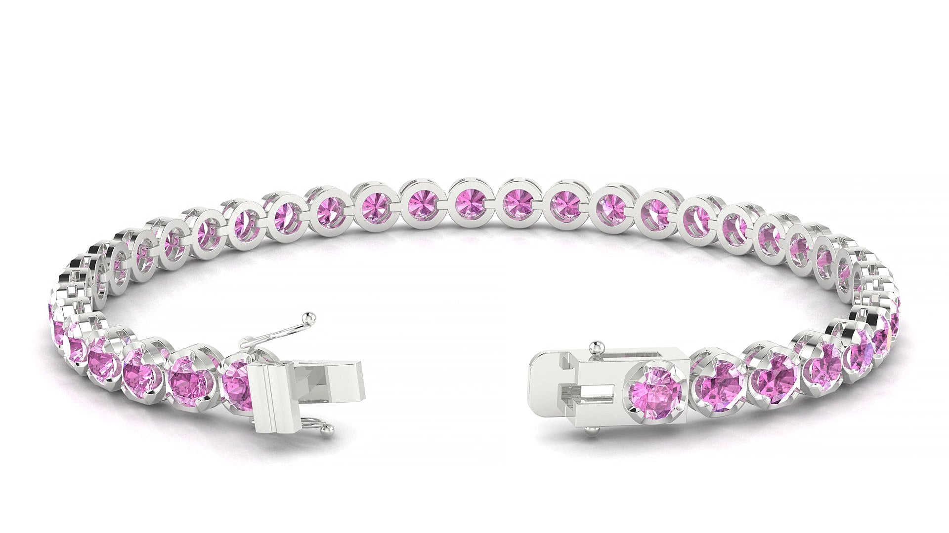 Bengal | 18k White Gold 3.4 mm Round Natural Pink Sapphire 18 cm Tennis Bracelet
