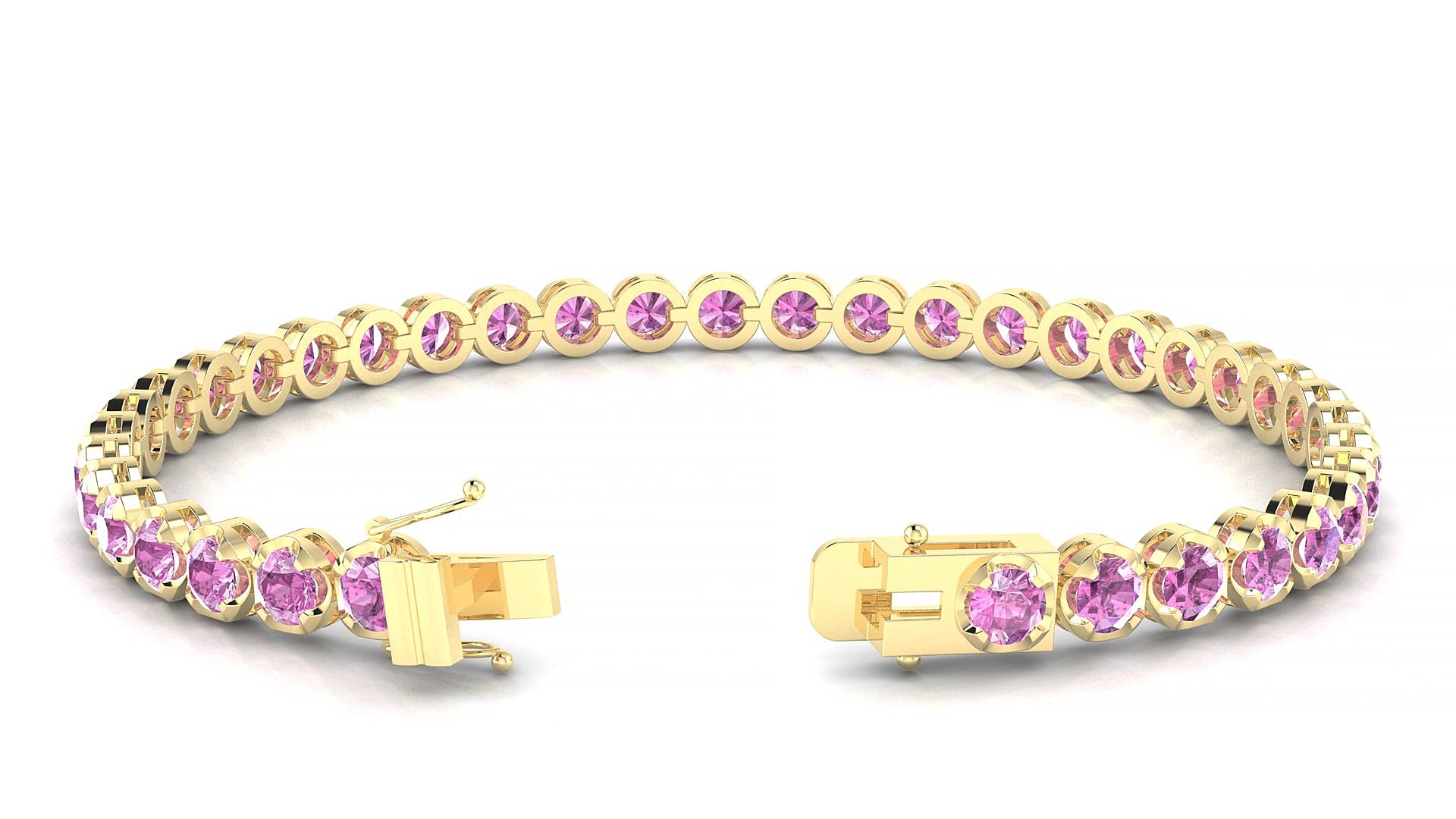 Bengal | 18k Yellow Gold 3.4 mm Round Natural Pink Sapphire 15 cm Tennis Bracelet