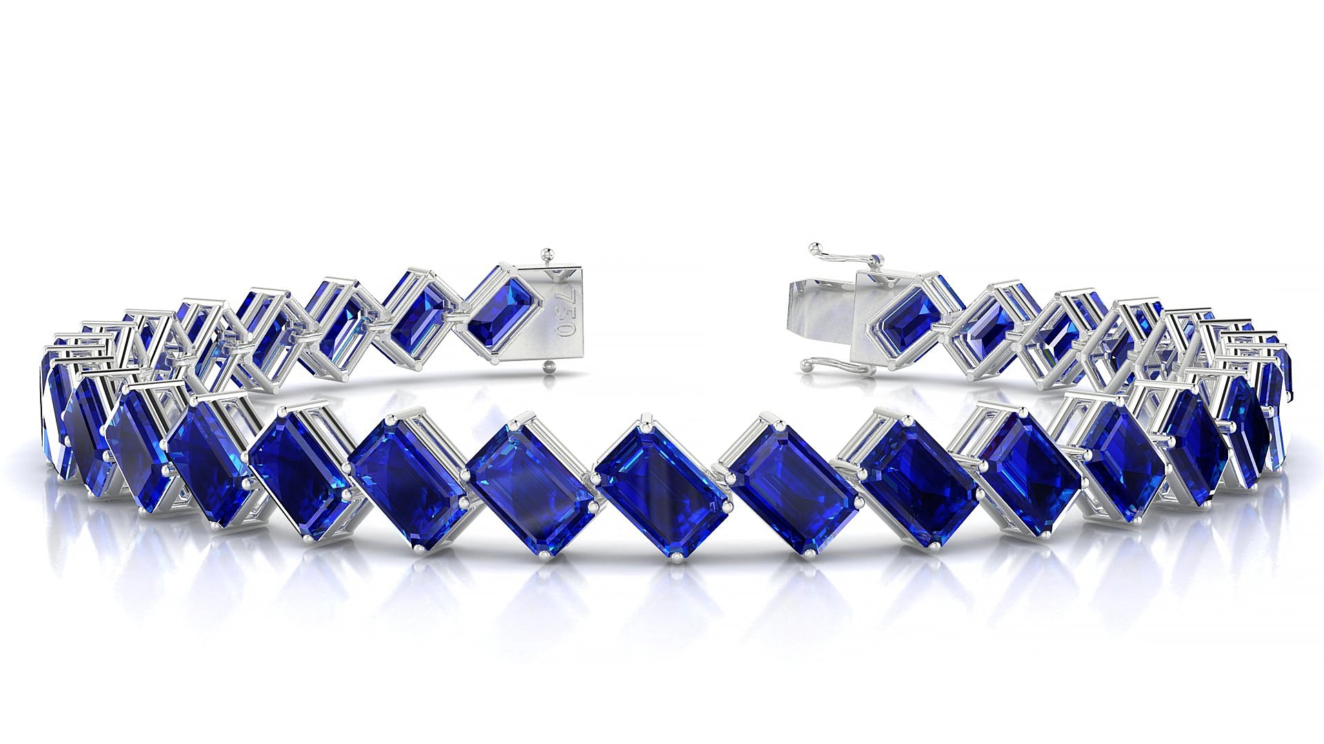 Bogotá | 18k White Gold 6 x 4 mm Emerald Natural Sapphire 15 cm Tennis Bracelet