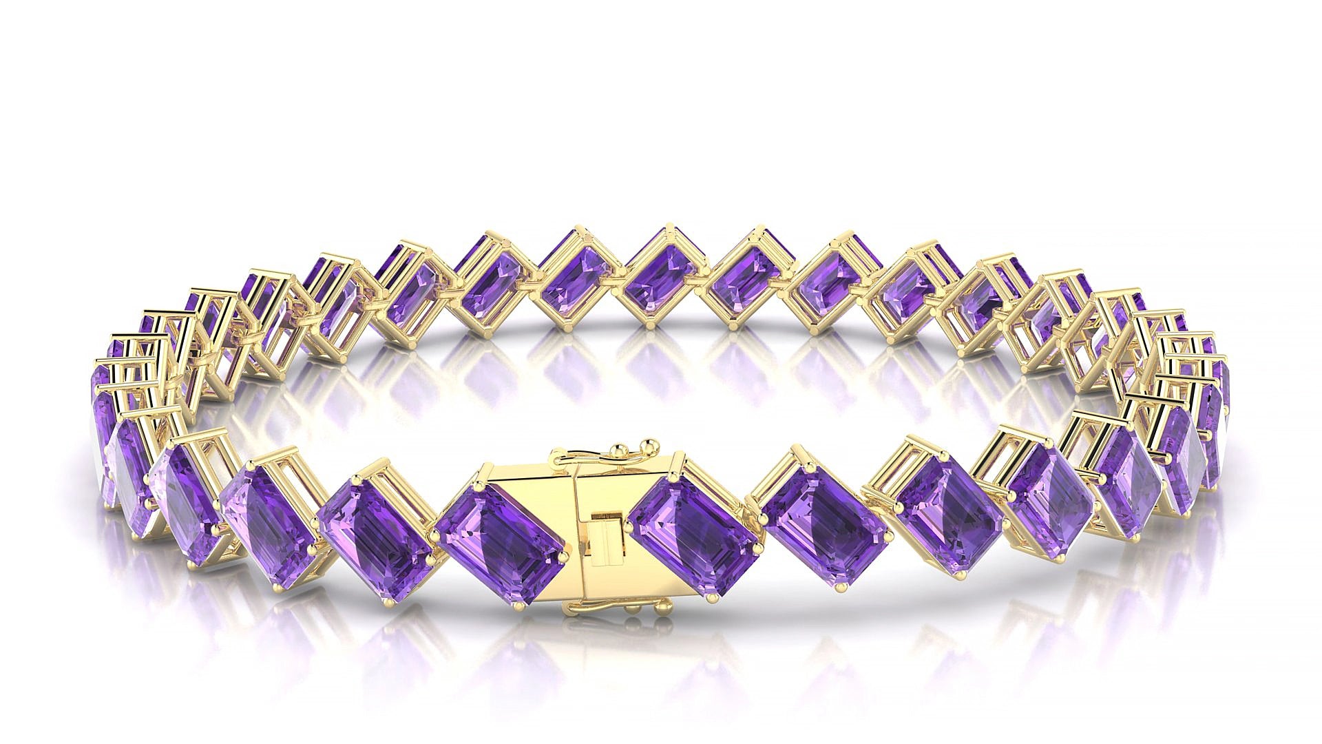 Bogotá | 18k Yellow Gold 6 x 4 mm Emerald Natural Amethyst 15 cm Tennis Bracelet
