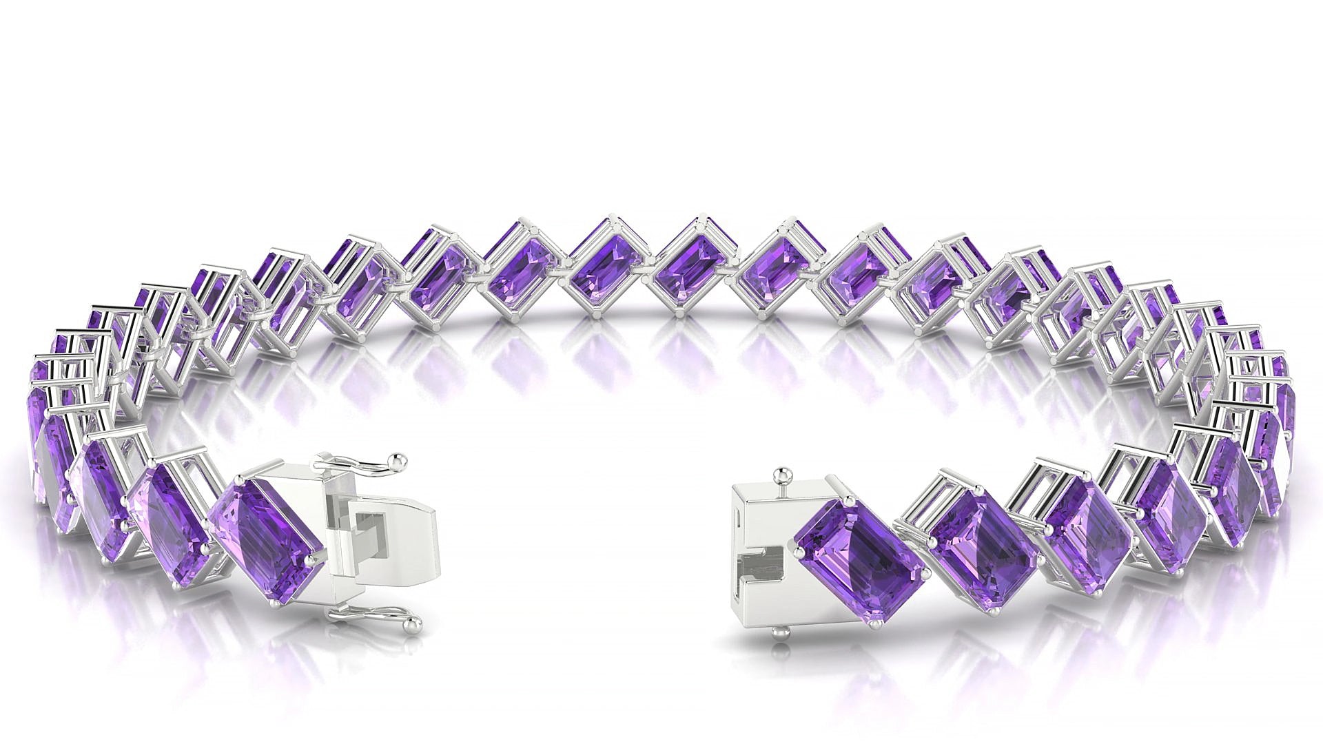Bogotá | 18k White Gold 6 x 4 mm Emerald Natural Amethyst 15 cm Tennis Bracelet