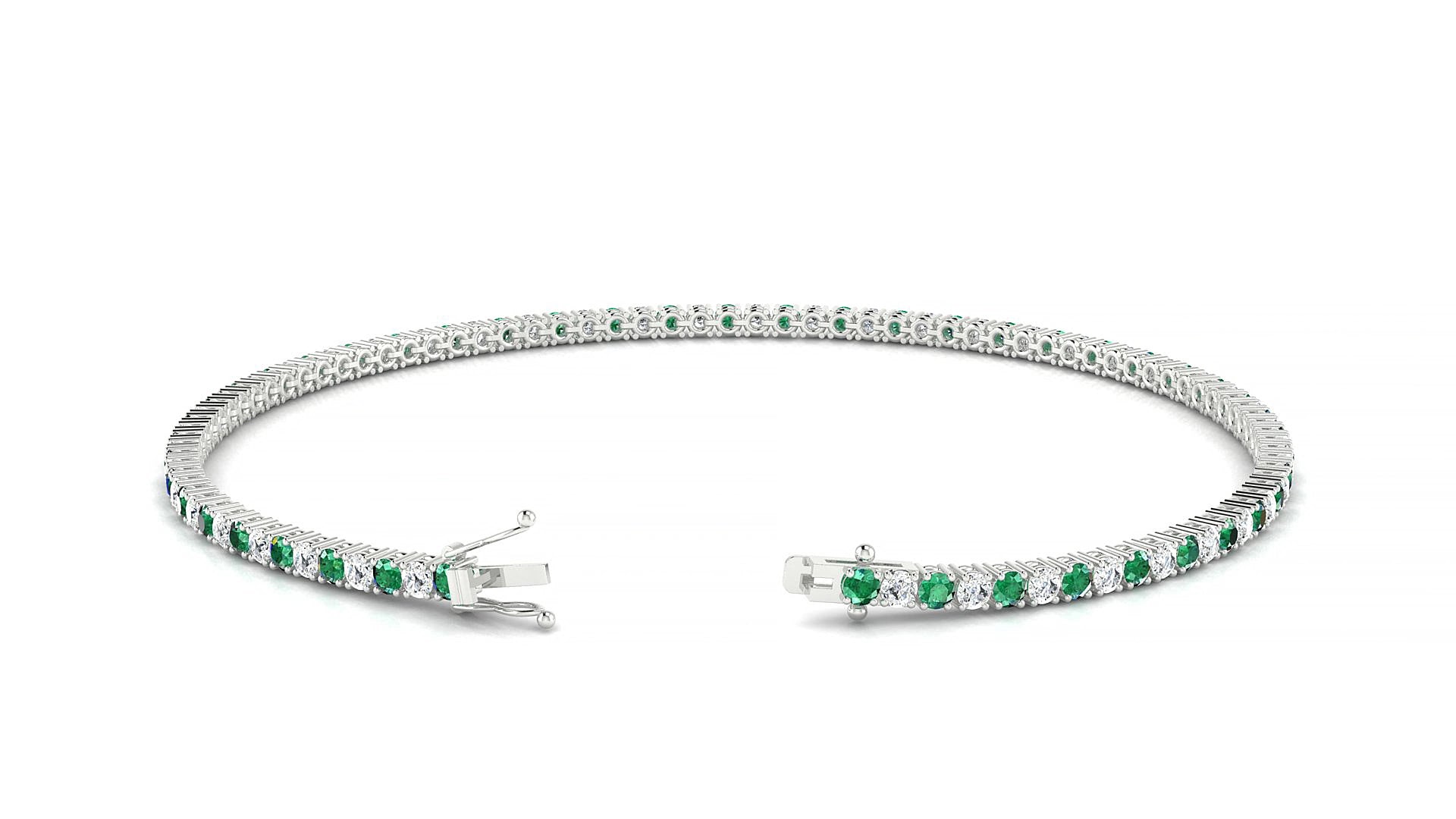 Capri 1-1 | 18k White Gold 1.7 mm Round Natural Emerald & Diamond 18 cm Tennis Bracelet