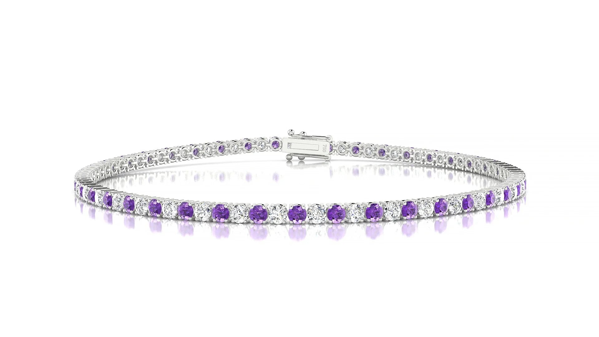 Capri 1-1 | 18k White Gold 2 mm Round Natural Amethyst & Diamond Tennis Bracelet