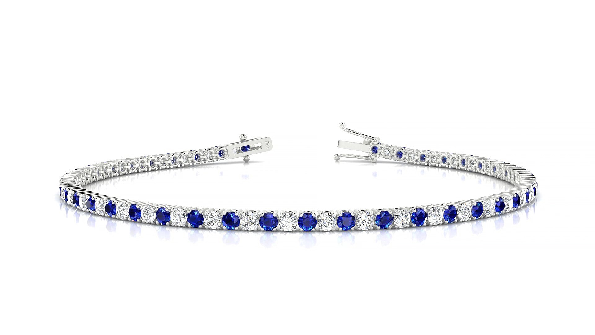 Capri 1-1 | 18k White Gold 2 mm Round Natural Sapphire & Diamond 15 cm Tennis Bracelet