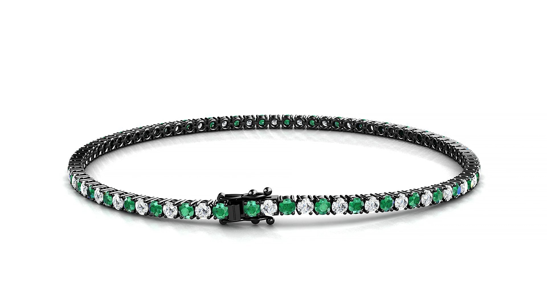 Capri 1-1 | 18k Black Gold 2 mm Round Natural Emerald & Diamond 18 cm Tennis Bracelet