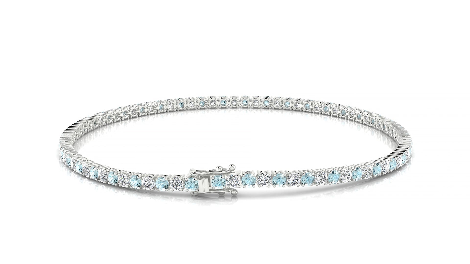 Capri 1-1 | 18k White Gold 2 mm Round Natural Aquamarine & Diamond 15 cm Tennis Bracelet