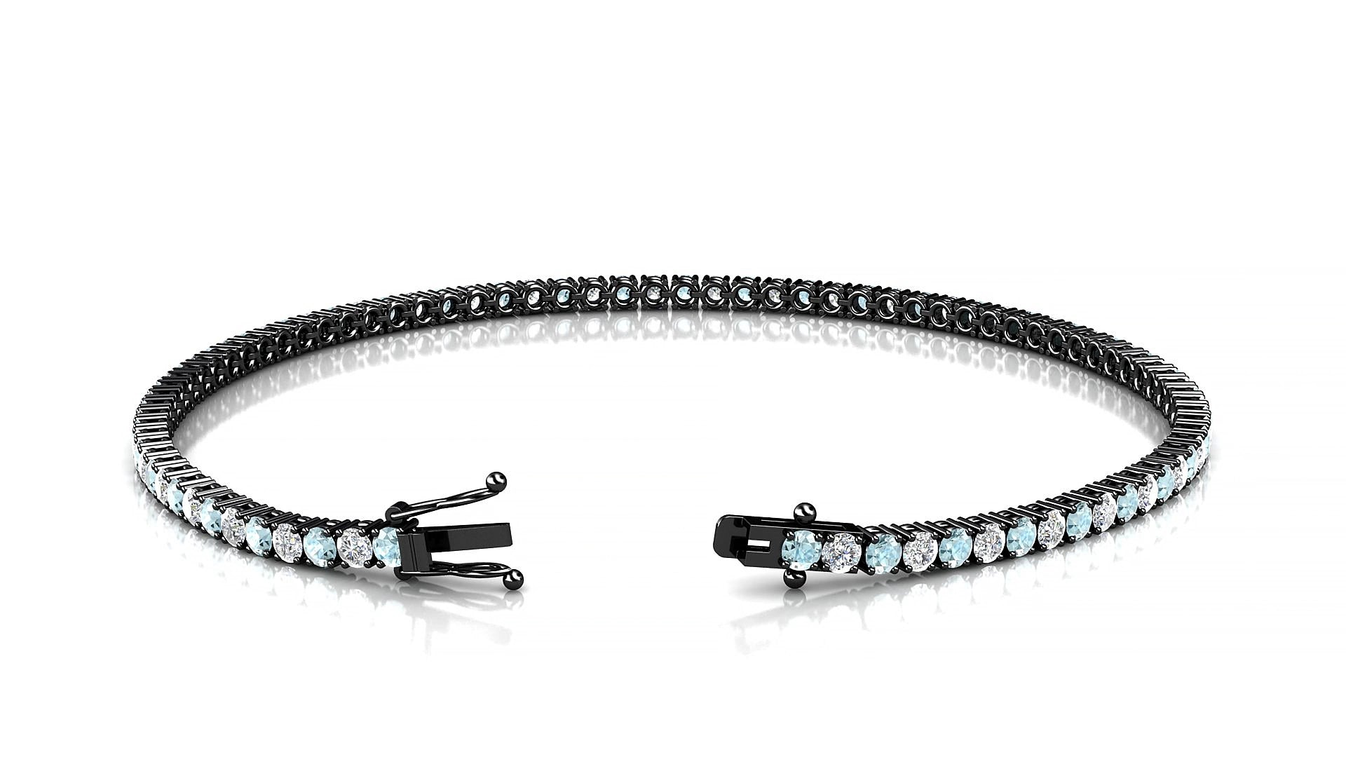 Capri 1-1 | 18k Black Gold 2 mm Round Natural Aquamarine & Diamond 20 cm Tennis Bracelet