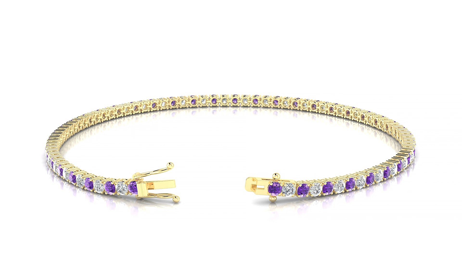 Capri 1-1 | 18k Yellow Gold 2 mm Round Natural Amethyst & Diamond 15 cm Tennis Bracelet