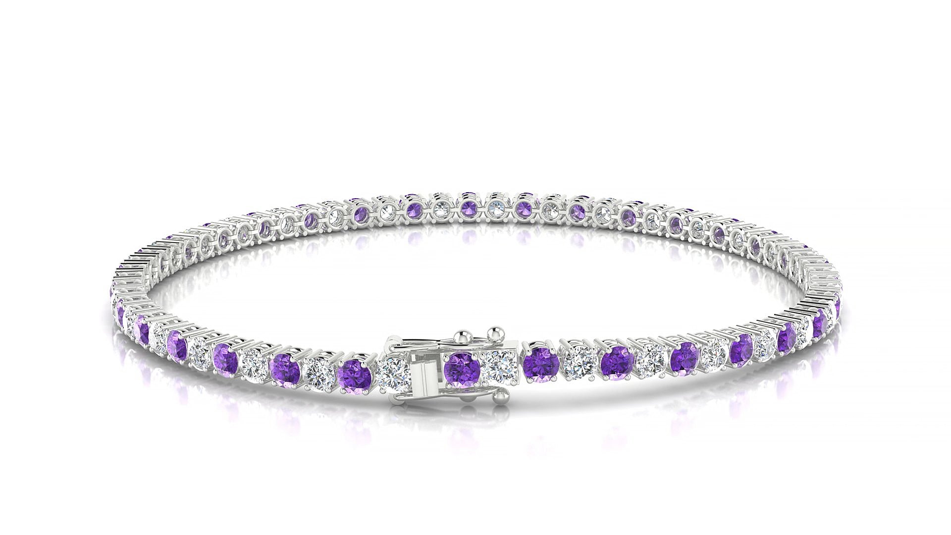 Capri 1-1 | 18k White Gold 2.5 mm Round Natural Amethyst & Diamond 15 cm Tennis Bracelet
