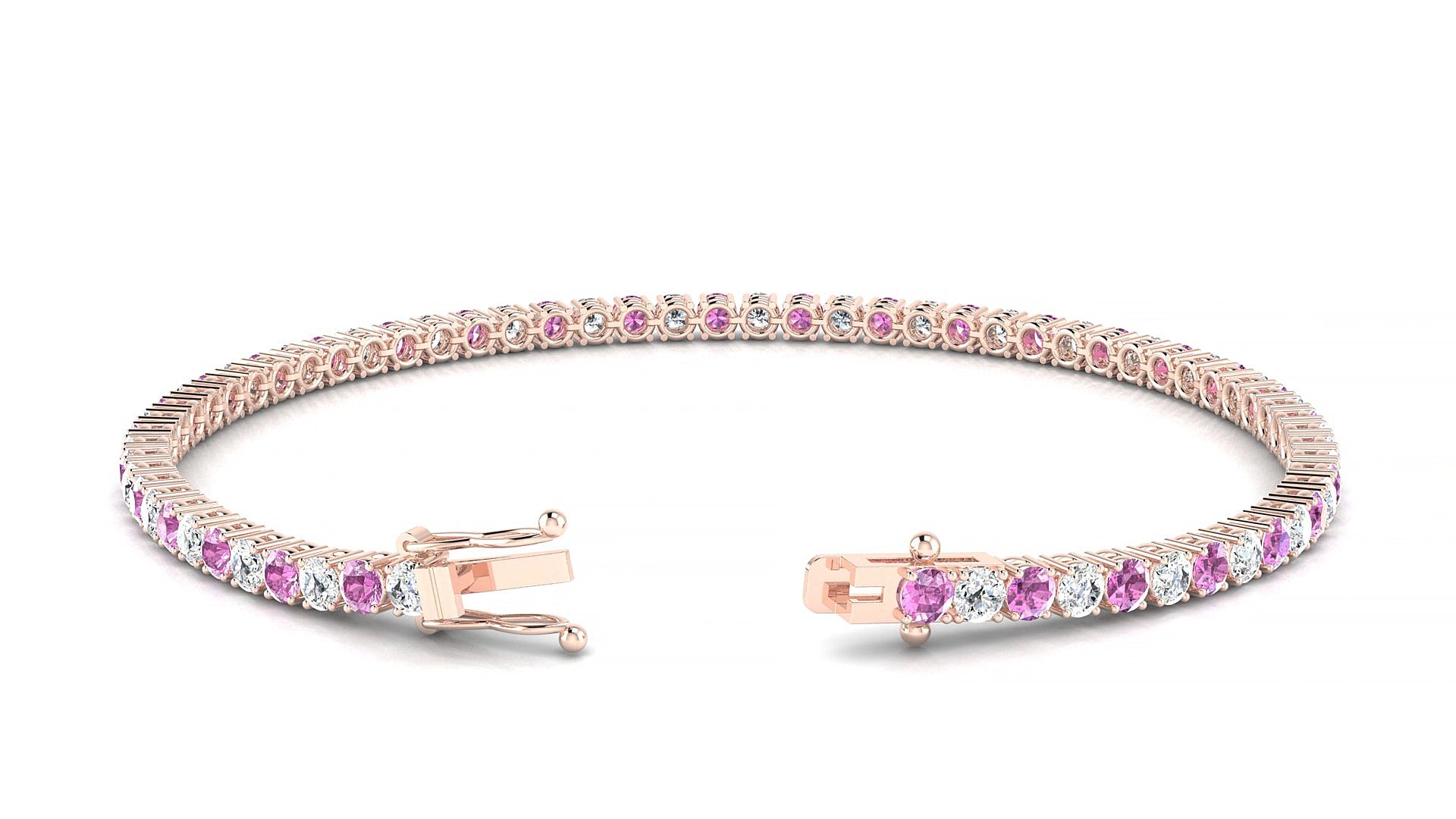 Capri 1-1 | 18k Rose Gold 2.5 mm Round Natural Pink Sapphire & Diamond 15 cm Tennis Bracelet