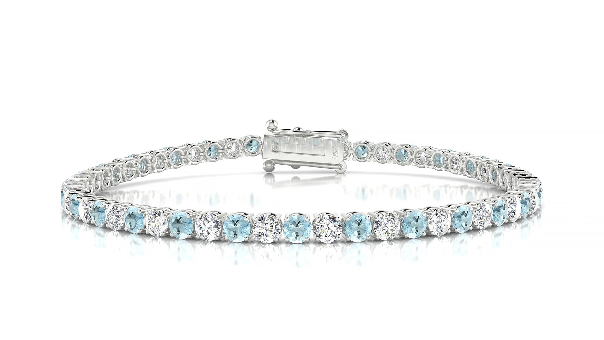 Capri 1-1 | 18k White Gold 3 mm Round Natural Aquamarine & Diamond 15 cm Tennis Bracelet