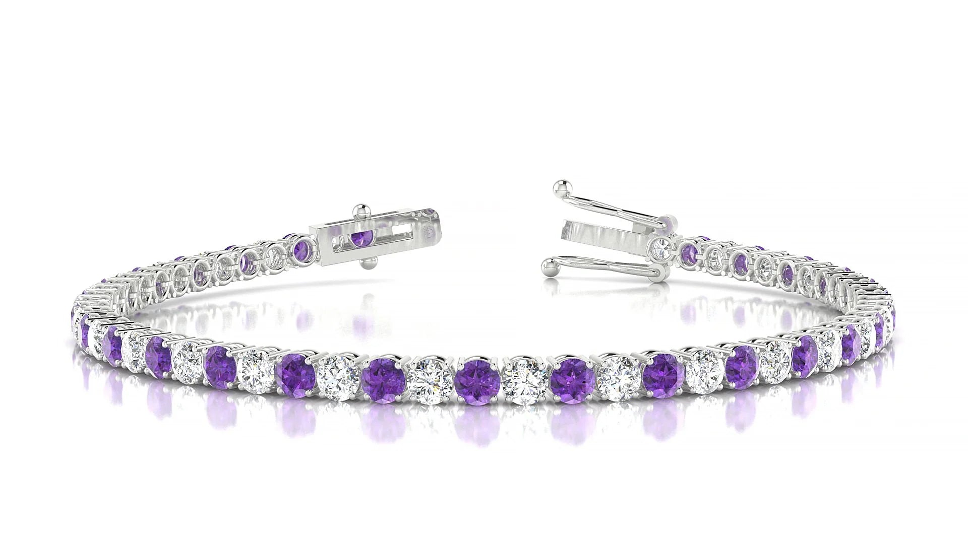Capri 1-1 | 18k White Gold 3 mm Round Natural Amethyst & Diamond Tennis Bracelet